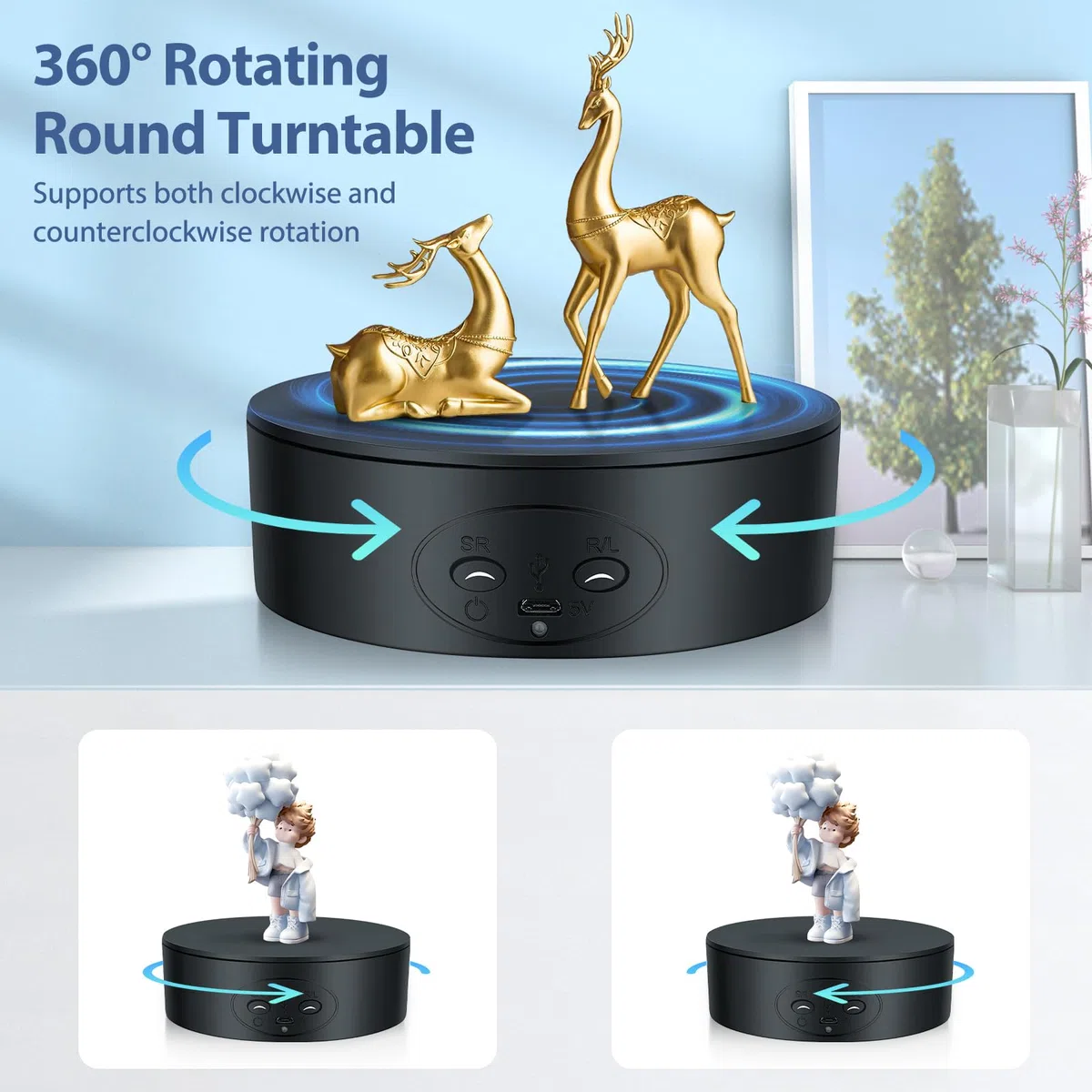 Plataforma Giratoria Eléctrica, Base Giratoria Eléctrica de 360 Grados (13 cm, 5 kg). Mesa para Fotografía de Productos, Exposiciones, Juguetes y Joyería. Alimentación por Batería o USB