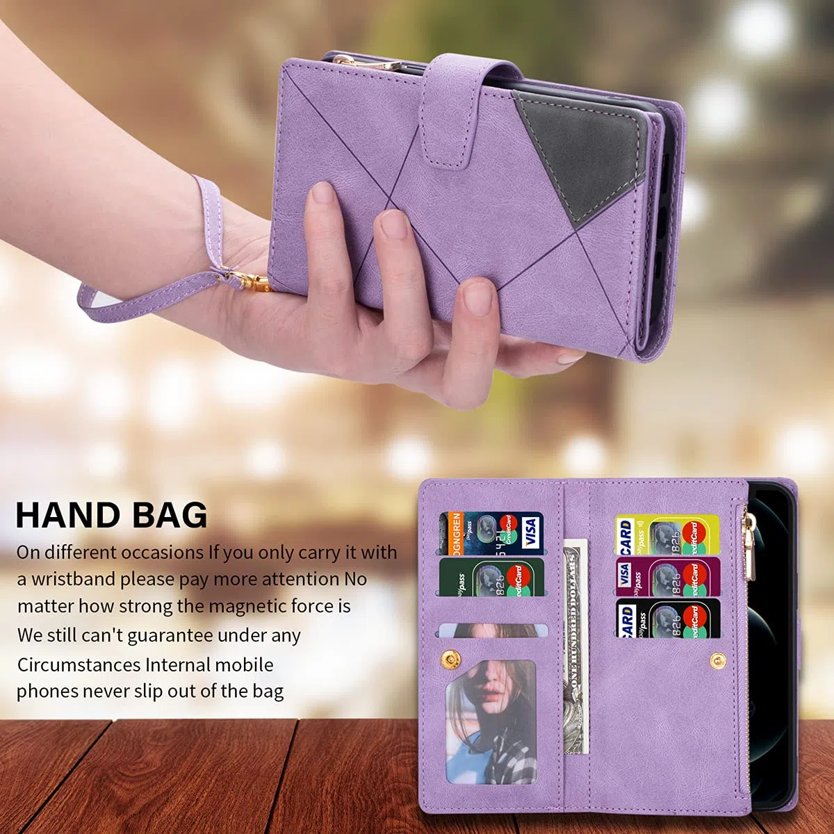 UEEBAI Estuche para iPhone 13 Pro 6.1 Inch, Cartera con Correa de Mano Cuero PU Funda Tapa Retro a Prueba de Golpes con 9 Ranuras para Tarjetas Función de Soporte Bolso Magnético - Diamante Violeta