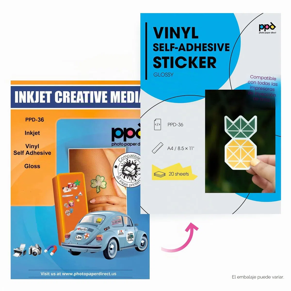 PPD Inkjet - A4 x 20 Pegatinas de Vinilo Autoadhesivo Brillante Imprimible de Grado Comercial - Calidad Fotográfica y A Prueba de Desgarro - Para Impresora de Inyección de Tinta - PPD-36-20