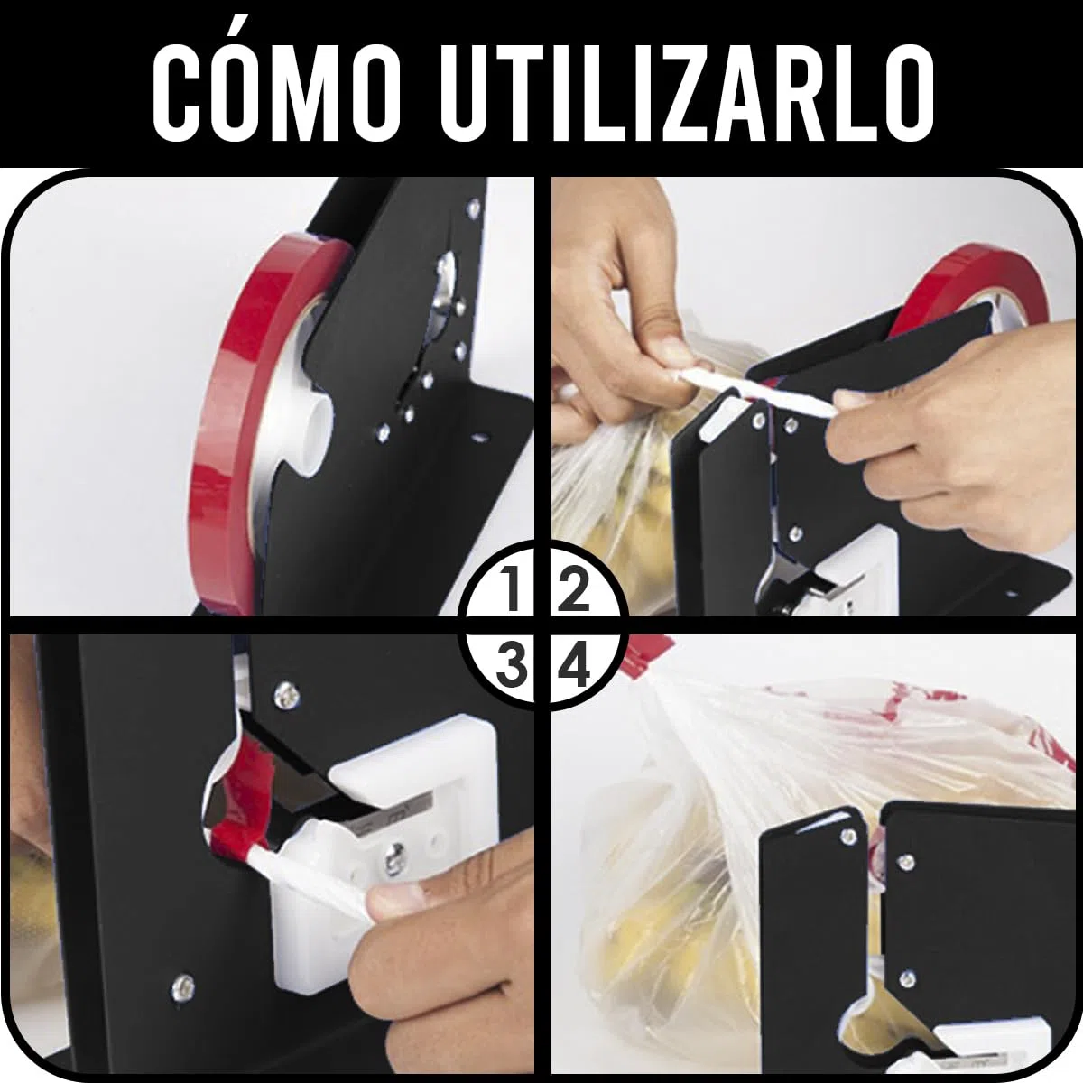 Sellador de Bolsas con Cinta PVC; Adecuado para embalar: frutas, verduras, carne, ancho de cinta hasta 12 mm + ¡6 rollos gratis (Negro)