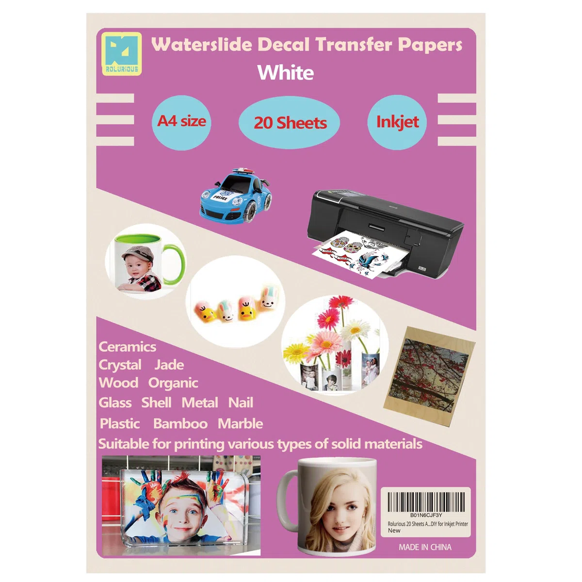 20 Sheets A4 Inkjet Water Slide Decal Paper Sheets White DIY for Inkjet Printer
