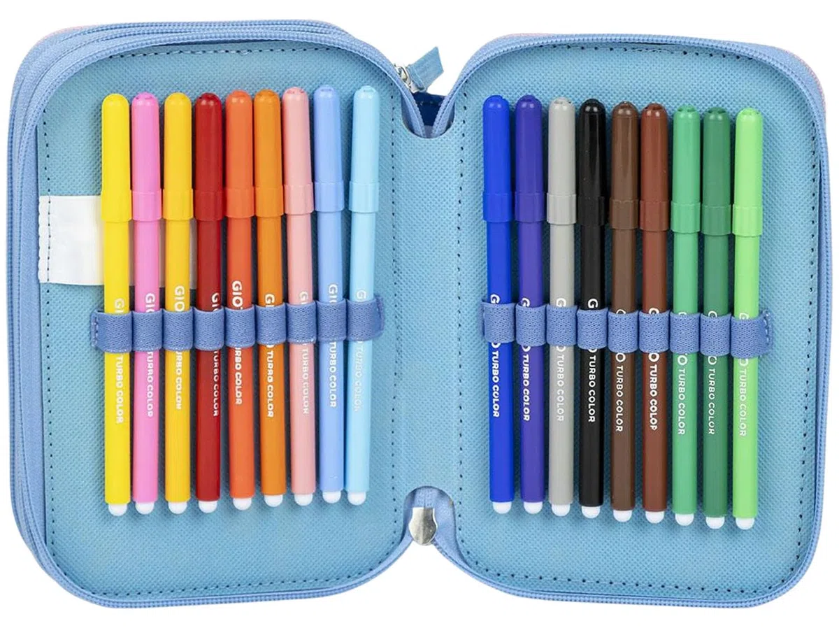 Plumier Escolar Triple 44 Piezas – para Stitch Fan – Estuche 3 Cremalleras Azul con Lápices, Rotuladores y Accesorios – Idea Regalo Niña – Gadget Oficial