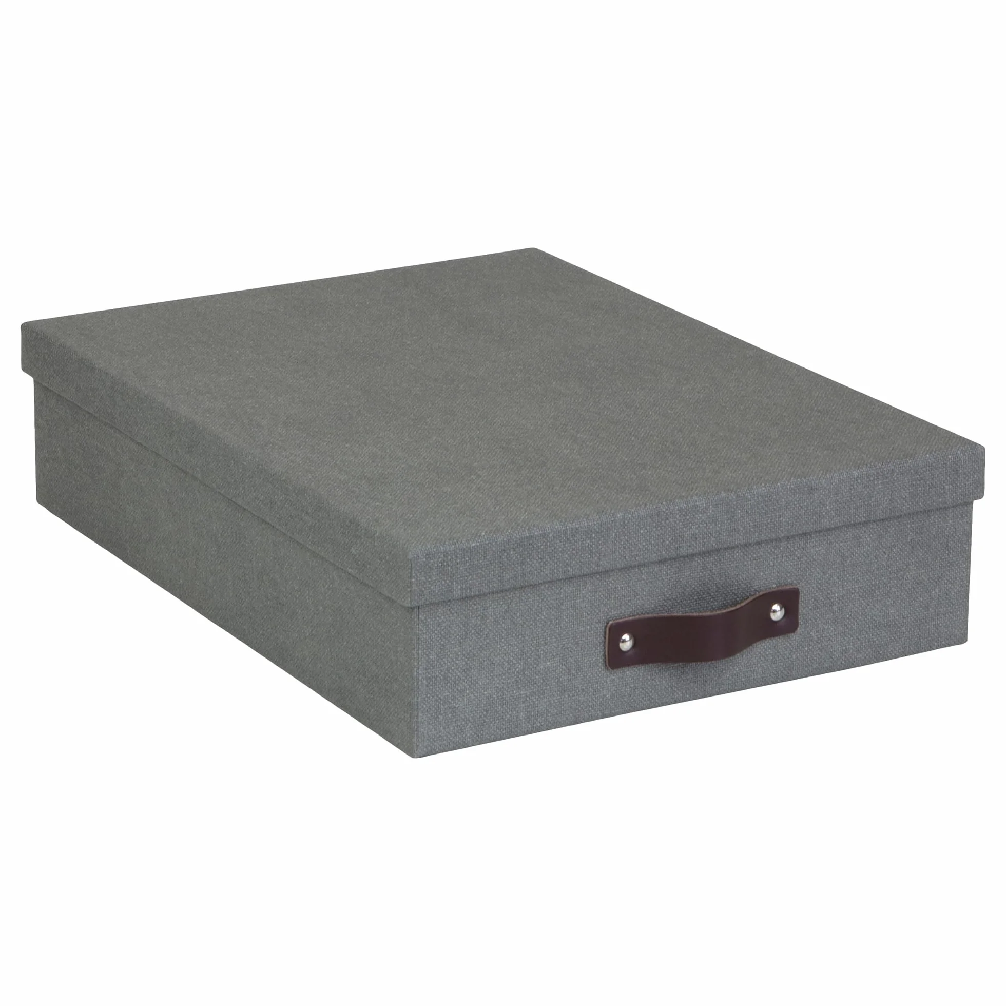Bigso Box of Sweden Caja de almacenaje con tapa para folios A4, folletos, etc. – Organizador de documentos con asa – Organizador de escritorio de tablero de fibras y papel con aspecto de lino – gris