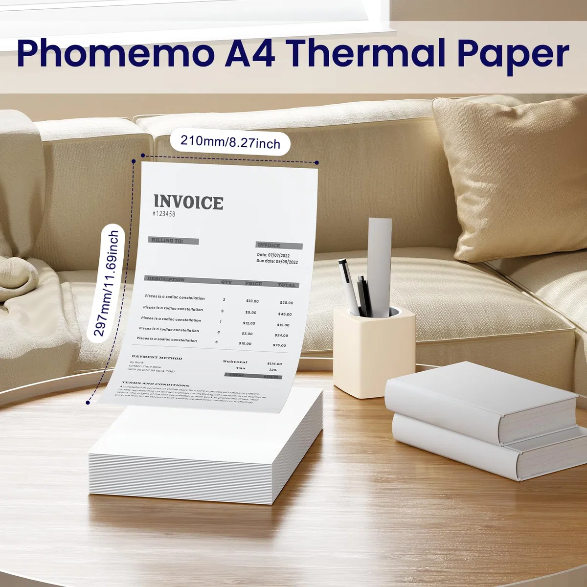 Phomemo A4 Impresora Papel, Papel Térmico Blanco de Secado Rápido para Impresoras Térmicas Portátiles A4 M08F/P831/M832/M833/M834/M835, 210mm x 297mm (8.27" x 11.69"), 100 Hojas/Caja