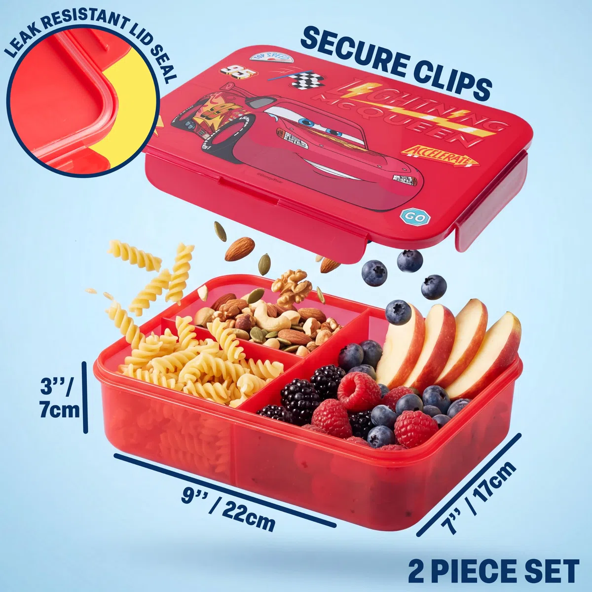 Get Trend Disney Cars Fiambrera Niños y Botella 640 ml Set, Bento Box 1,75 L con Compartimentos, Apta Lavavajillas y Microondas, Sin BPA, Lunch Box Escolar Colegio y Ocio (Multi Lightning McQueen)