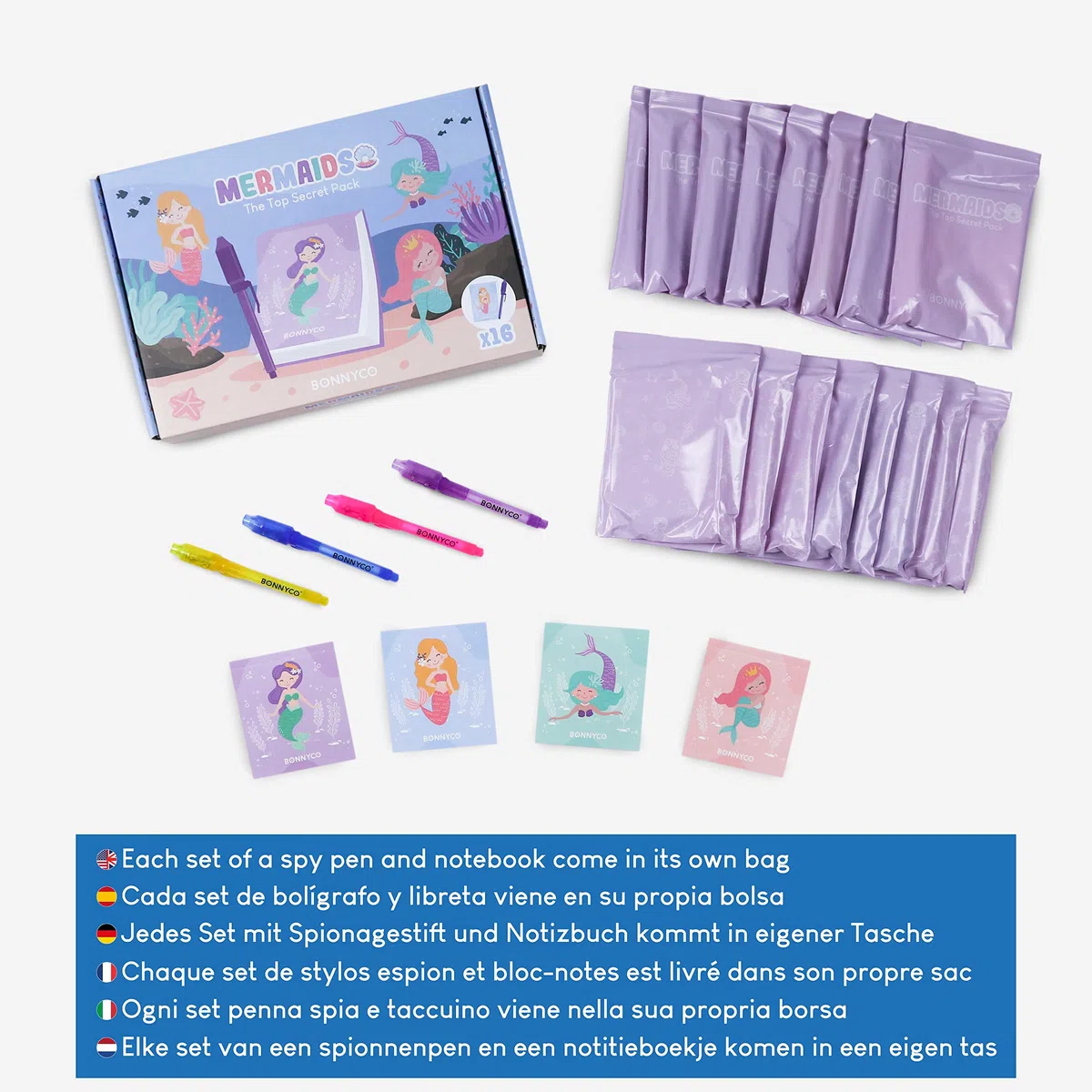 BONNYCO Boligrafo Tinta Invisible y Libreta Sirenas, Pack de 16 Regalos Cumpleaños Niños Colegio. Detalles Cumpleaños Niños, Relleno Piñata Infantil. Regalos Alumnos Primaria Fiesta Infantil