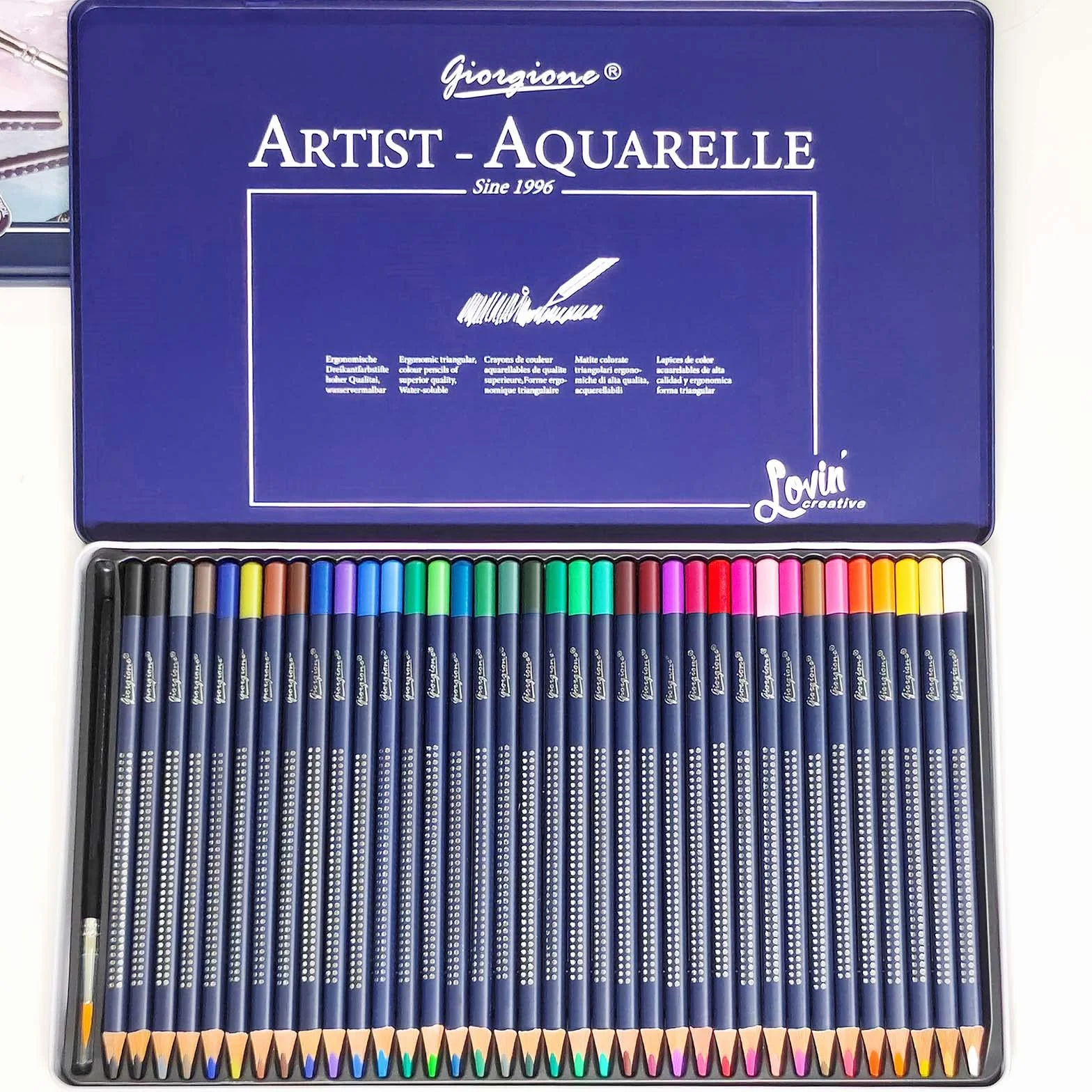 rokrist - Juego de 36 lápices de acuarela con cepillo en una caja de metal portátil, juego de lápices de colores acuarela para mezcla, pañales y acuarela, diseño profesional para artistas,