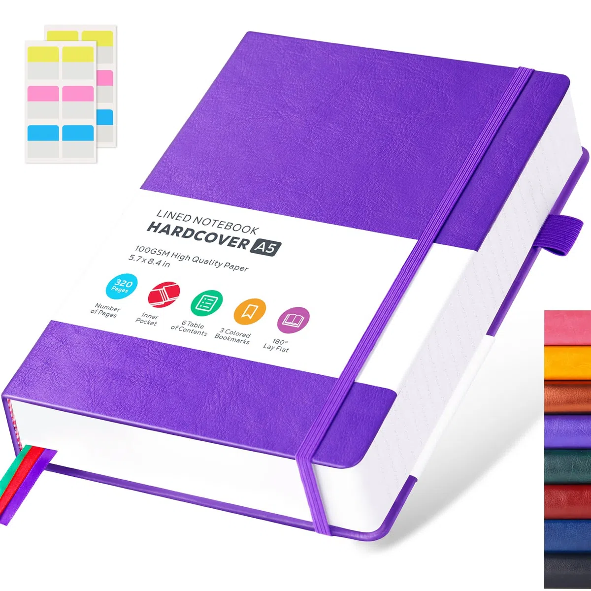 FOCUS DAY Cuaderno A5 rayado, diario de cuero, tapa dura, 320 páginas, grueso bloc de notas para adultos, trabajo, escritura, notas, aprendizaje, viajes, 14 x 21 cm, lila.