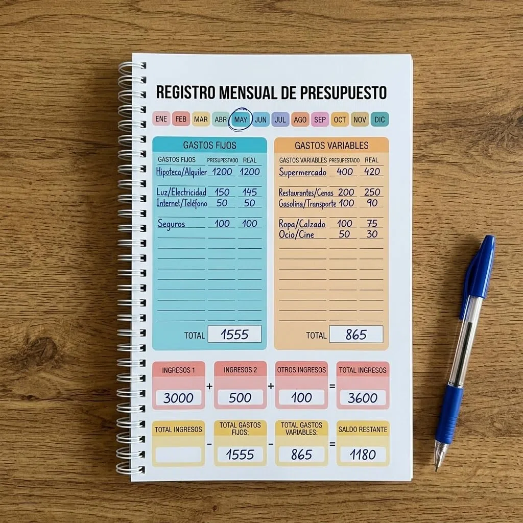 Planificador de Presupuesto Mensual A4 con Espiral, Cuaderno de Finanzas Personales, 50 Páginas a Doble Cara para Control de Gastos, Ingresos y Ahorros