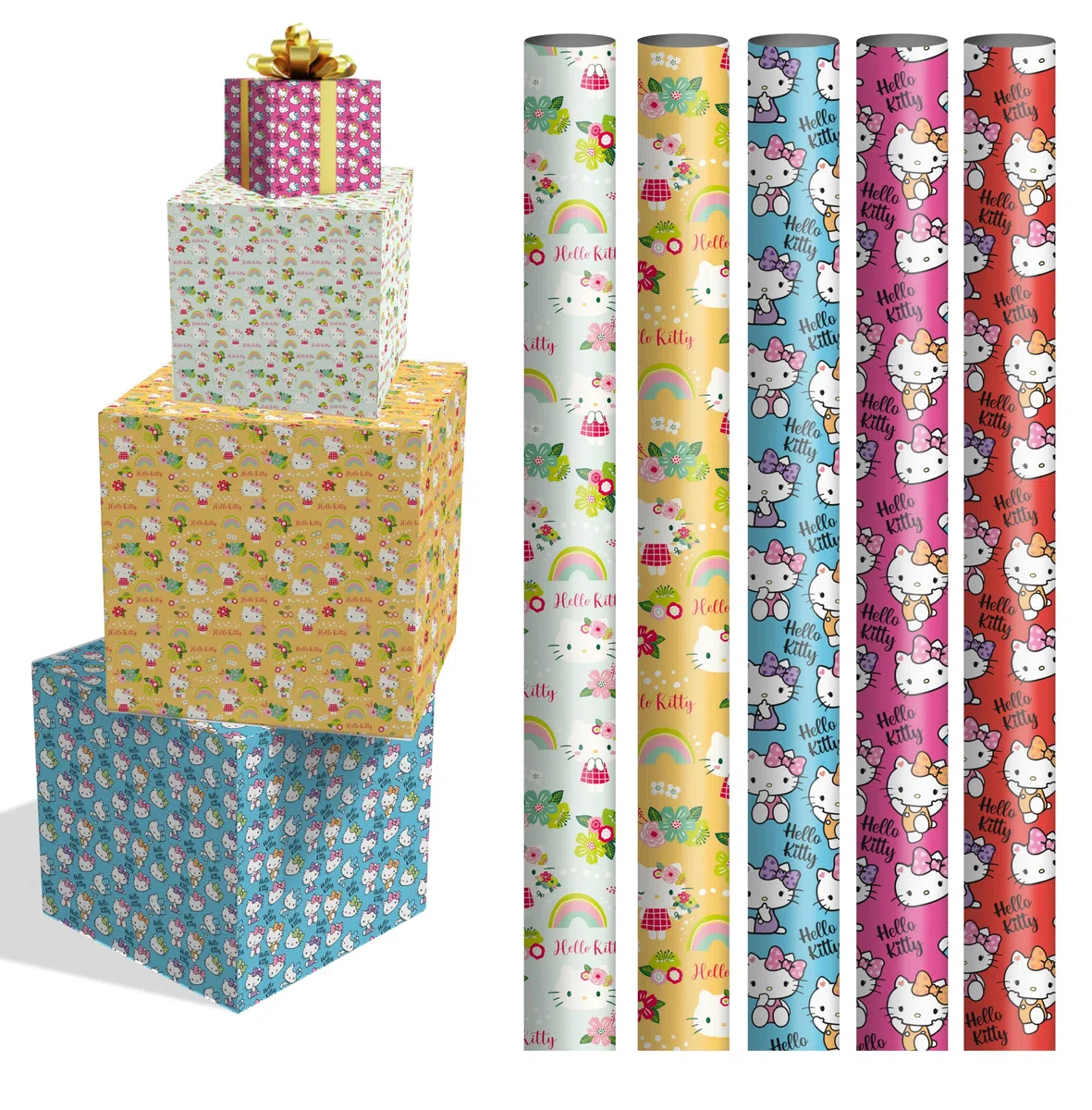 Pack de 5 Rollos de Papel de Regalo Ángel Europa, 70x200 cm, Diseños Surtidos, Envío en Caja de Cartón Protectora, (Hello Kitty)