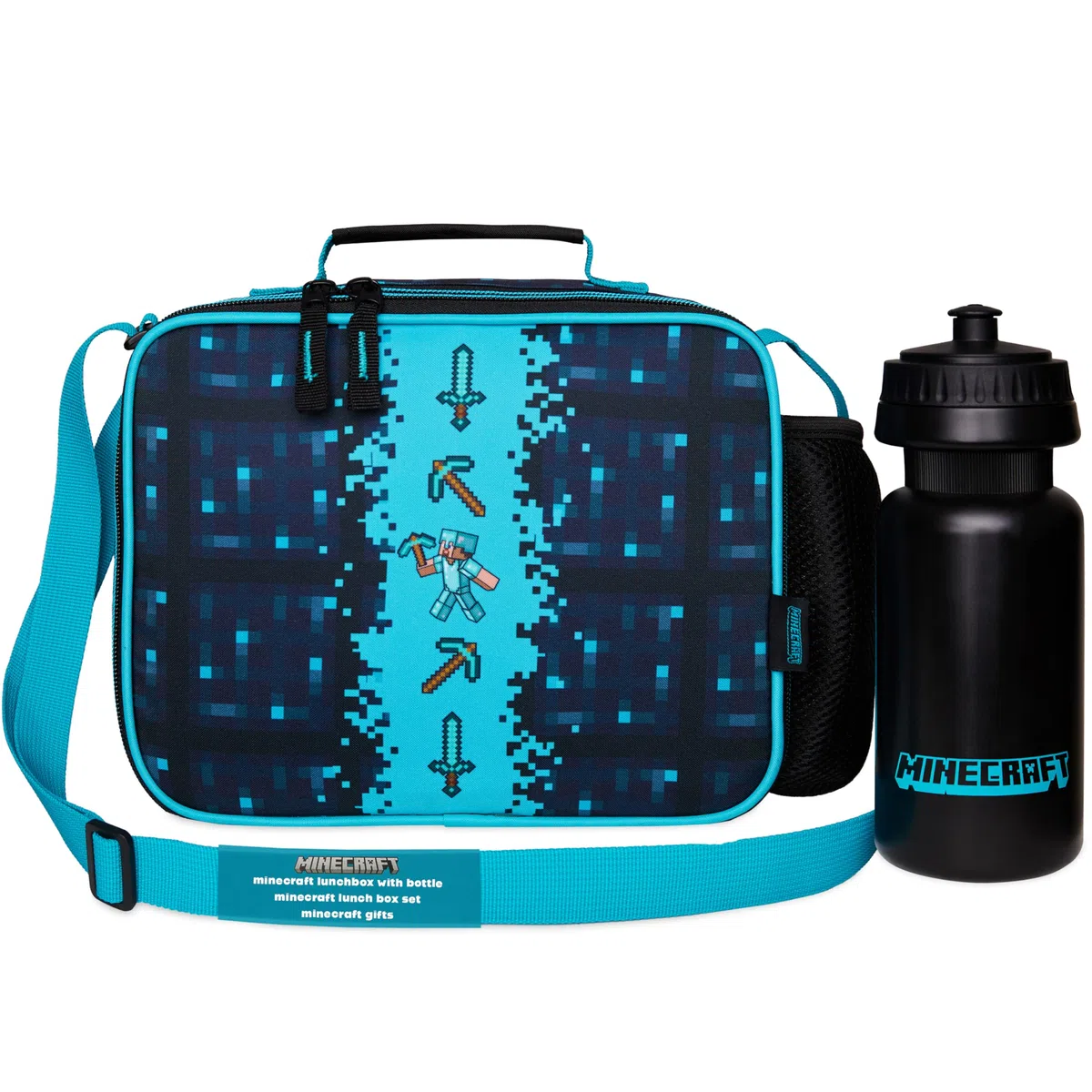Minecraft Bolsa Termica Porta Alimentos para Niños o Creeper Bolsa Almuerzo Infantil con Botella de Agua para Escuela Viajes Regalo Gamer (Azul/Negro)