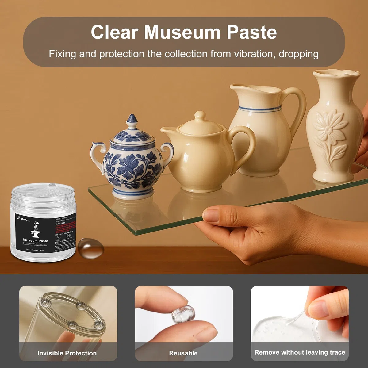1DFAUL 12 oz Gel transparente de museo, cera de masilla de museo transparente, extraíble, reutilizable y sin residuos, colección fija artefactos y decoraciones para evitar vibraciones y caídas