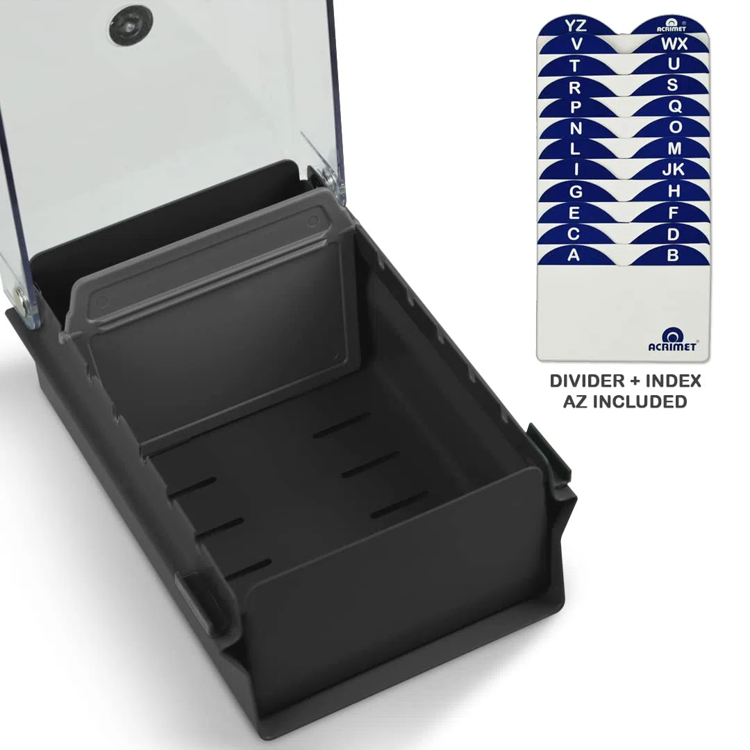 Acrimet Caja para Tarjetas de Visita, Porta Tarjeta de Negocio, Incluye Tarjetas de Índice AZ 95mm X 68mm y Separador (Base de Metal Color Negro y Tapa con bisagras de Plástico Transparente)