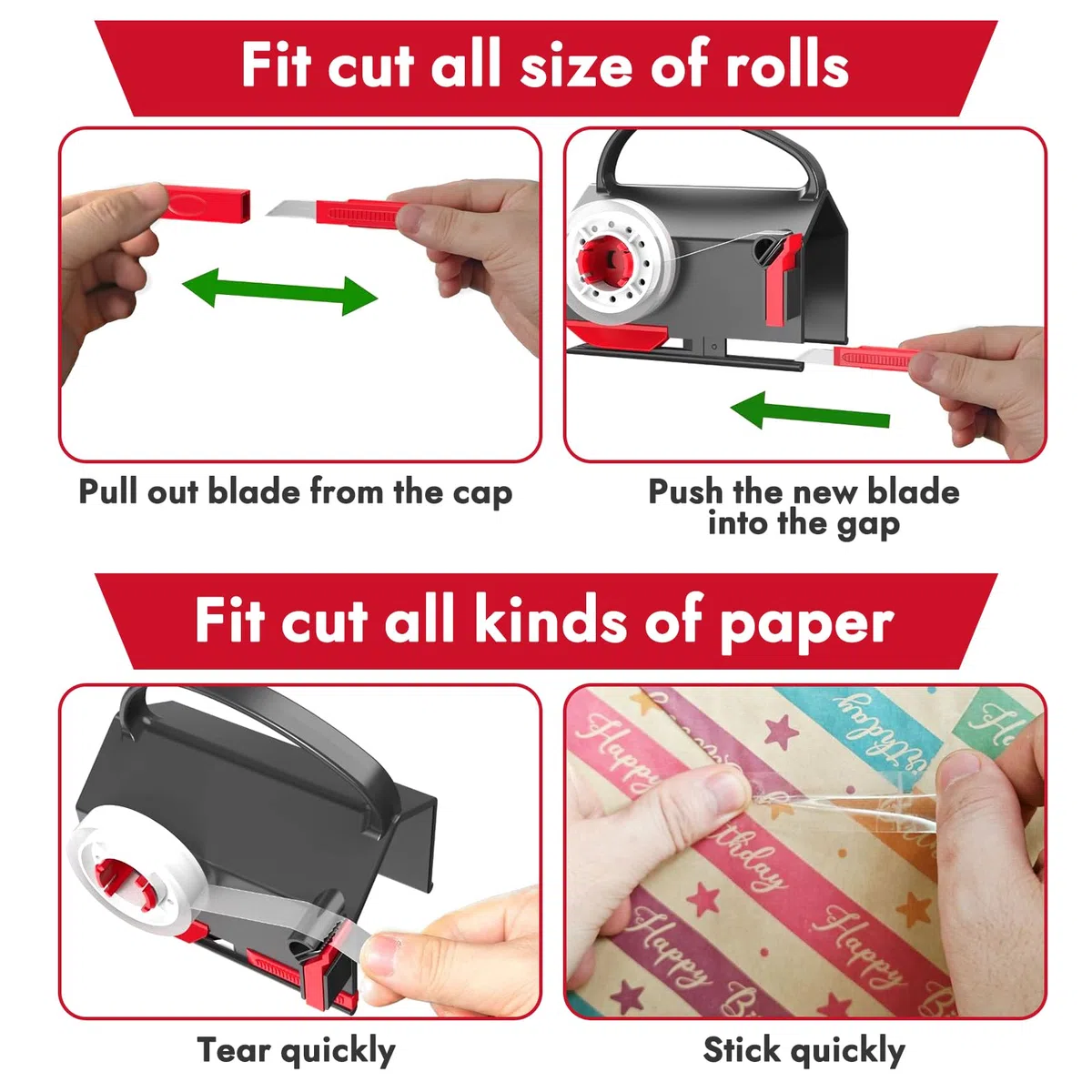 Cortador de Papel de Regalo, Cortador Papel Regalo con Asa, con 2 Cuchillas Intercambiables 4 Piezas De Cinta Adhesiva, para Navidad, Cumpleaños, Envoltura de Regalo, negro
