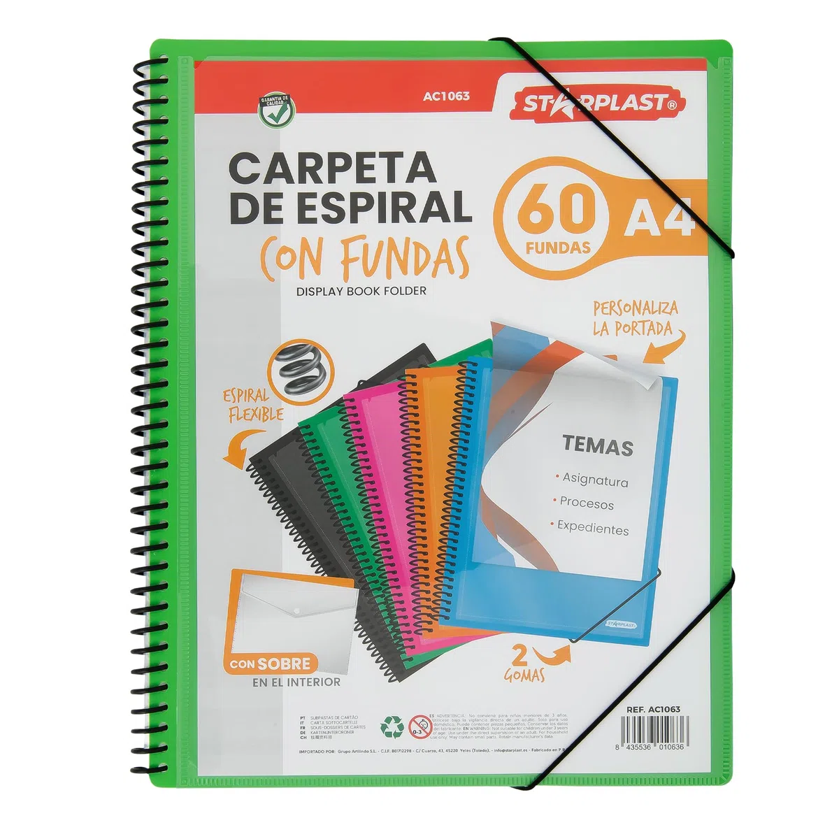 Starplast Carpeta Con Fundas Espiral Flexible - 60 fundas transparentes, A4, cierre elástico, tapa polipropileno, portada personalizable, para uso Escolar y Oficina - color Verde