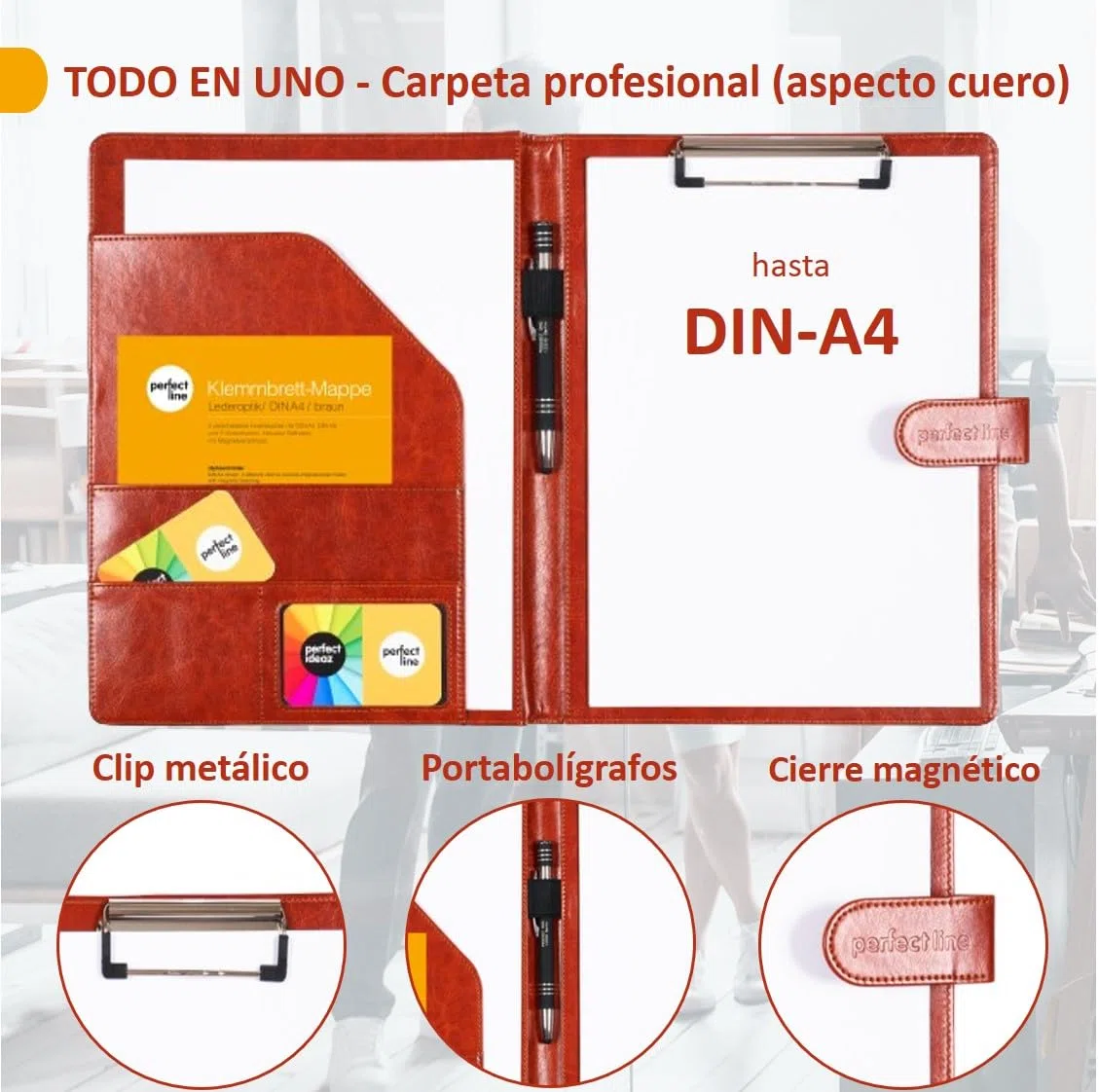 perfect line - Carpeta Portadocumentos Portapapeles DIN A4 con cierre magnético - De piel sintética resistente en elegante aspecto de piel - Carpeta de negocios premium en elegante color marrón