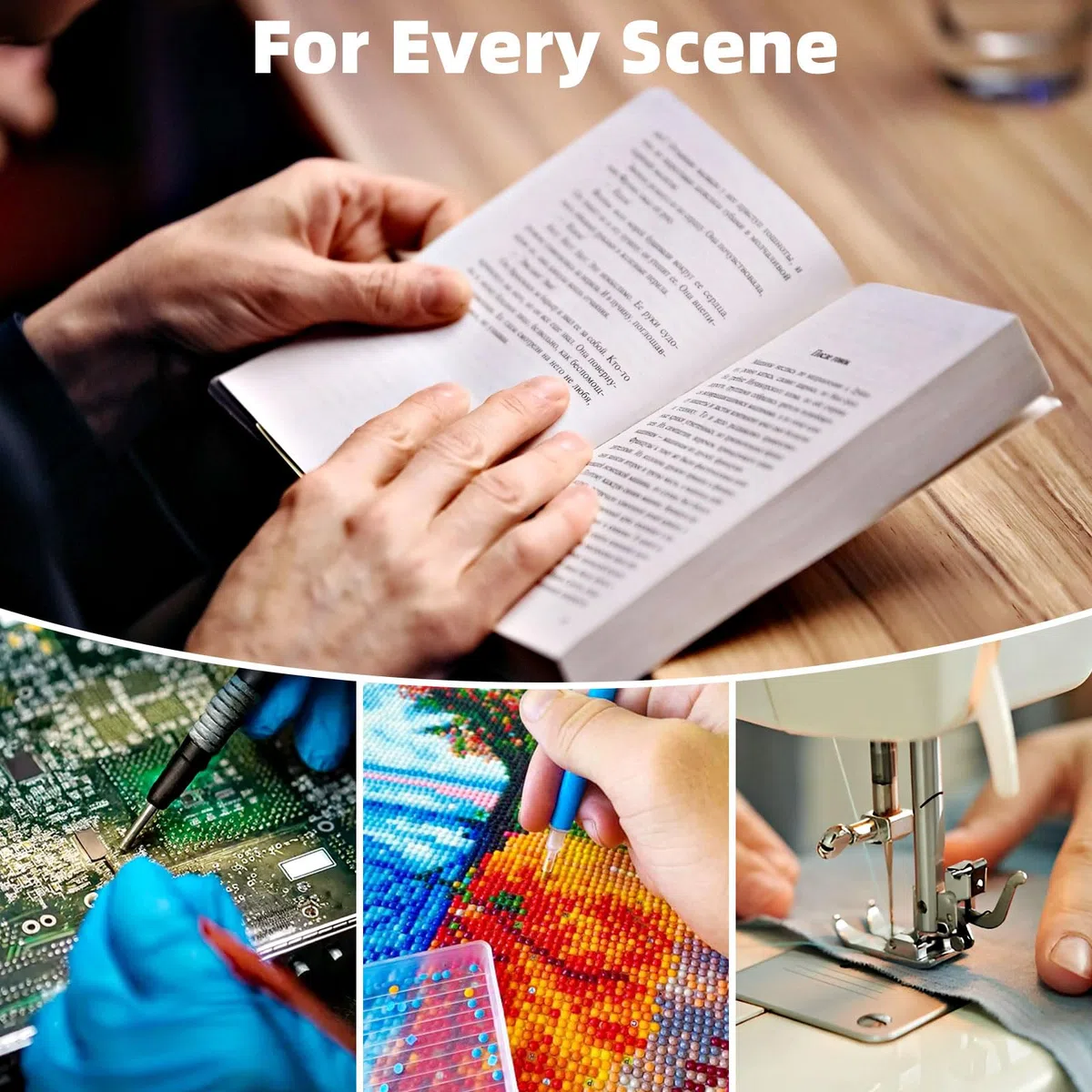 Gafas Lupa con luz led para Manualidades, Lupa de Diadema con luz LED, con 5 Lentes y 3 Leds de Brillo Ajustable, Ideal para Diamond Painting, Pintura de Diamante, Kits Adultos y Accesorios
