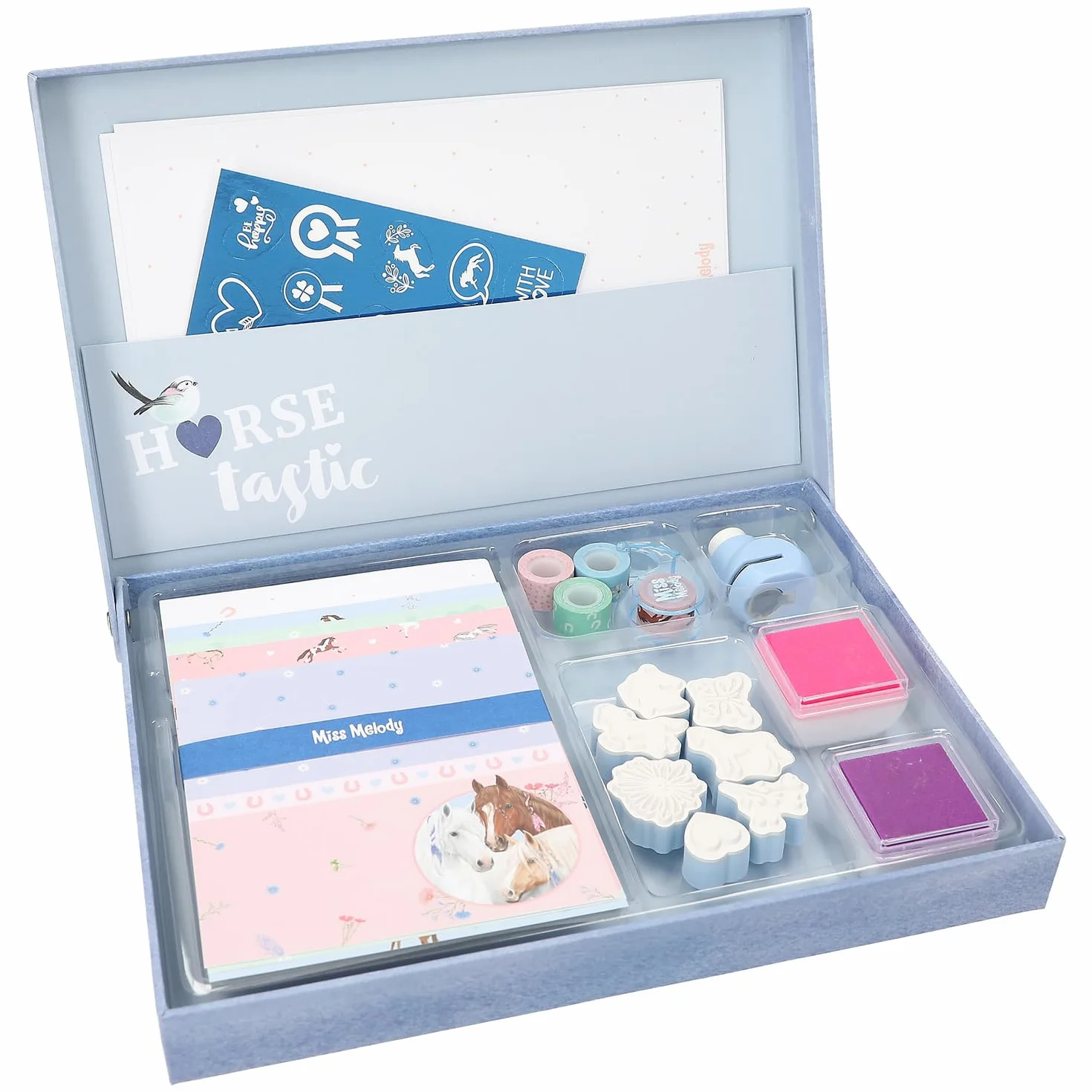 Depesche 12969 Miss Melody Love Letter Set - Caja para cartas con diseño de caballo, juego de escritura que incluye artículos de papelería, sobres, pegatinas, sellos y mucho más.