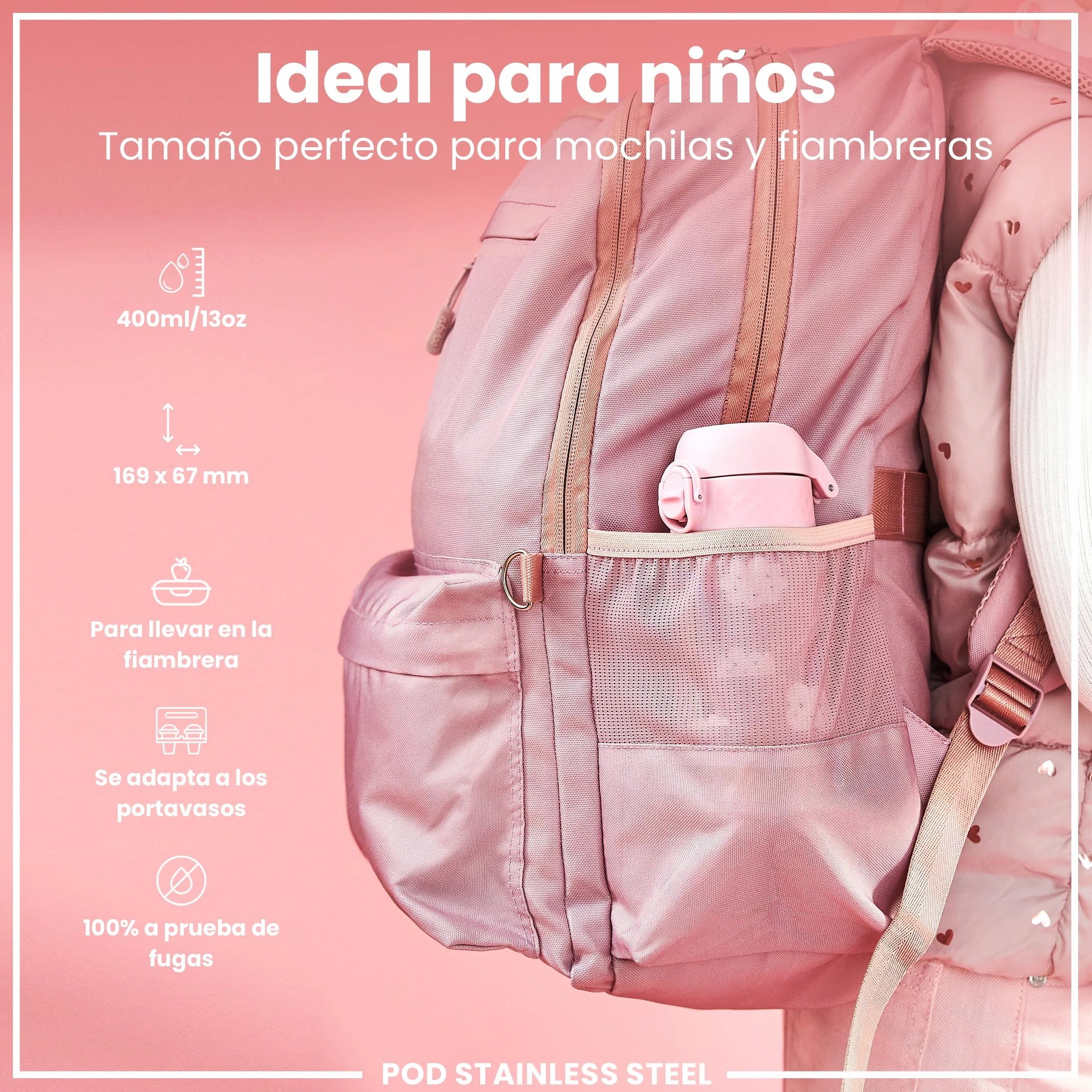 ion8 Botella Agua Inox Niños 400ml Sin Aislamiento Prueba Fugas Fácil Abrir Cerradura Segura Apta Lavavajillas Tapa Abatible Arcoíris