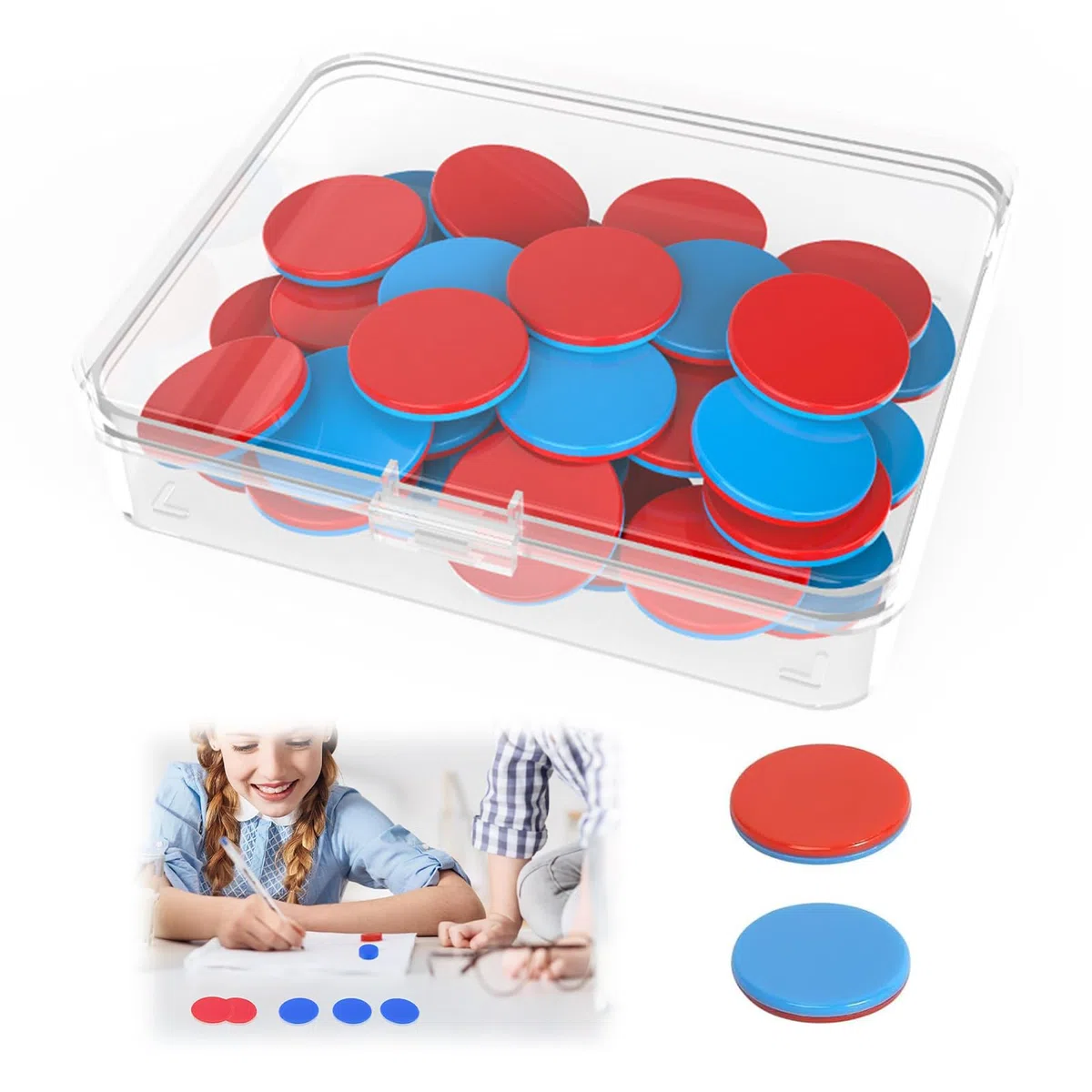 100 placas reversibles de color rojo y azul, con cajas de plástico, ayuda de cálculo de 1 clase, ayuda para matemáticas, fichas reversibles para manos de niños, escuela primaria, tareas de cálculo