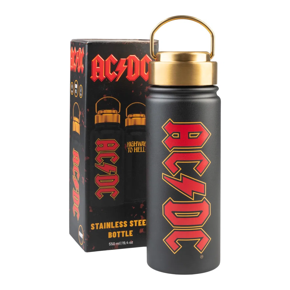 Cantimplora acero inoxidable AC DC - Botella agua gimnasio Termica 550 ml | Water bottle Tapon Hermetico, Asa y Aislamiento Doble pared Frio/Calor | Regalos Merchandising Oficial