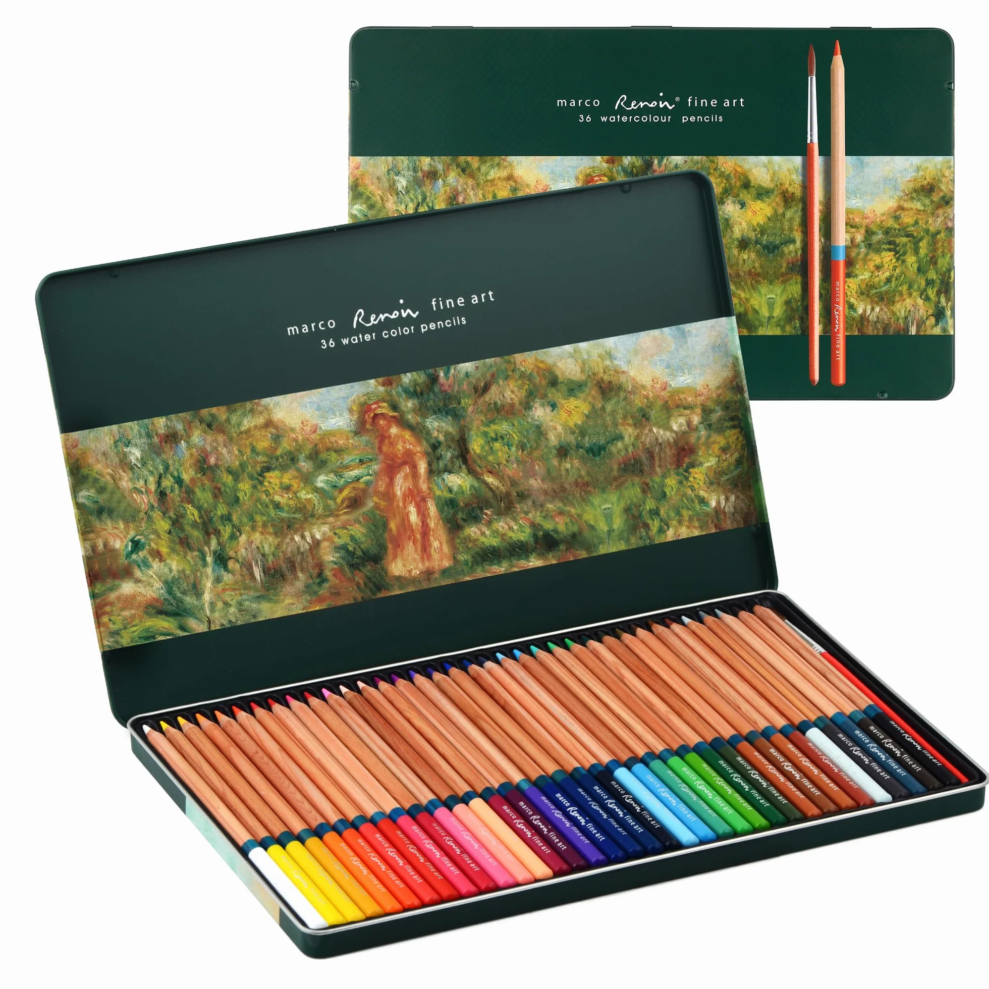 Marco Serie 3120 36 Colores Lápices de Colores de Alta Calidad Solubles en Agua con Pincel, en Caja de Hierro - Ideal para Estudiantes de Arte y Profesionales