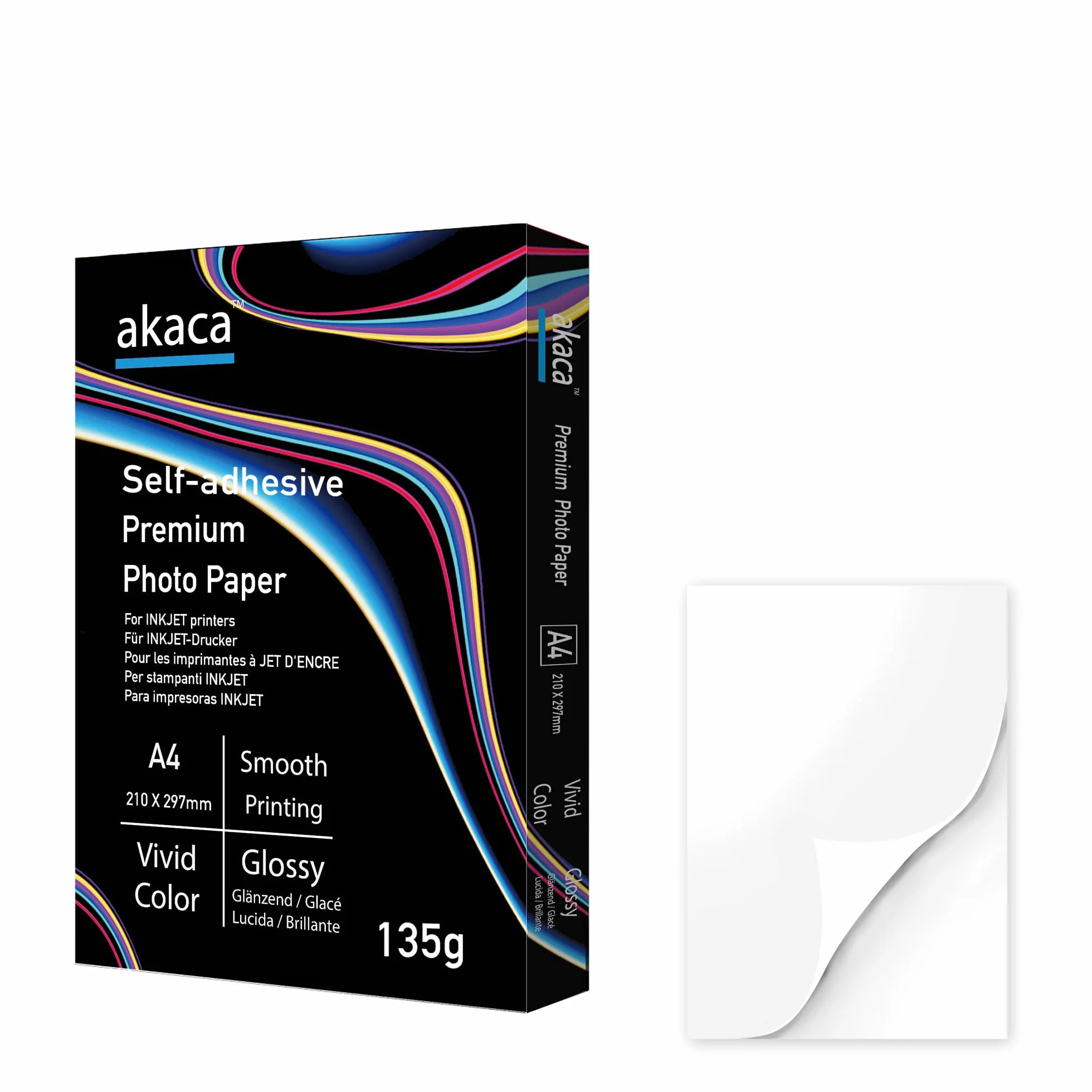 akaca Papel Adhesivo Brillante A4, 60 hojas, 135 g/m², Papel Fotográfico Imprimible para Todas Las Impresoras de Inyección de Tinta 210 x 297 mm