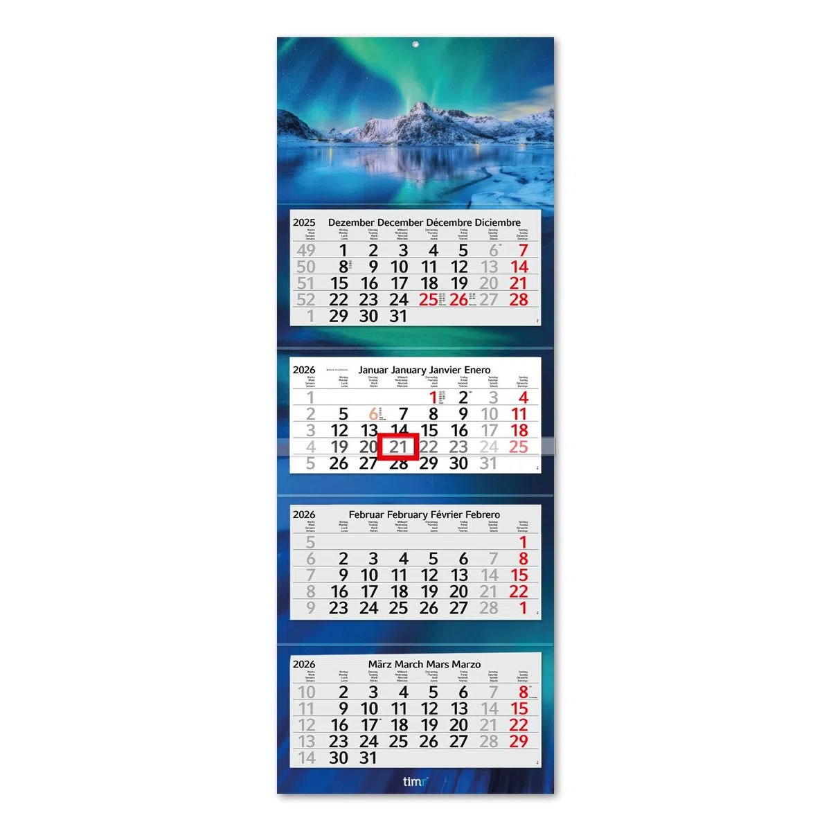Timr Calendario de pared 4 meses 2026 - Calendario 4 meses con deslizador - 90 cm Calendario de cuatro meses multilingüe D/GB/F/ES I Motivo Auroras boreales I tr318