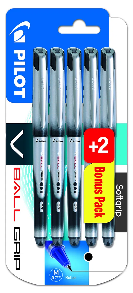 Pilot Vball Grip - Bolígrafo de tinta líquida (punta de 0,7 mm, 5 unidades), color negro