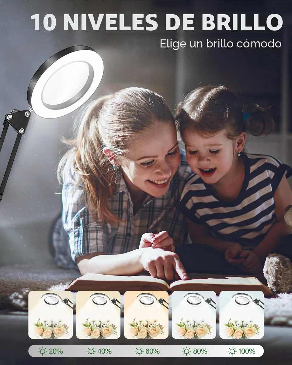 TANYO 10X Lupa con Luz, 72 LED Lupas de Gran Aumento con Luz, 5 Temperaturas de Color y 10 Niveles de Brillo Lámpara Escritorio, Lámpara de Aumento para Mayores, Niños, Lectura, Manualidades
