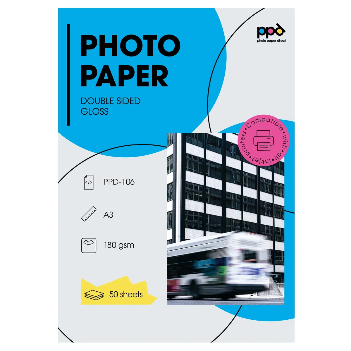 PPD 50 Láminas de Papel Fotográfico A3 para Inyección de Tinta de Doble Cara Brillante/Brillante (180 g/m2) PPD-106