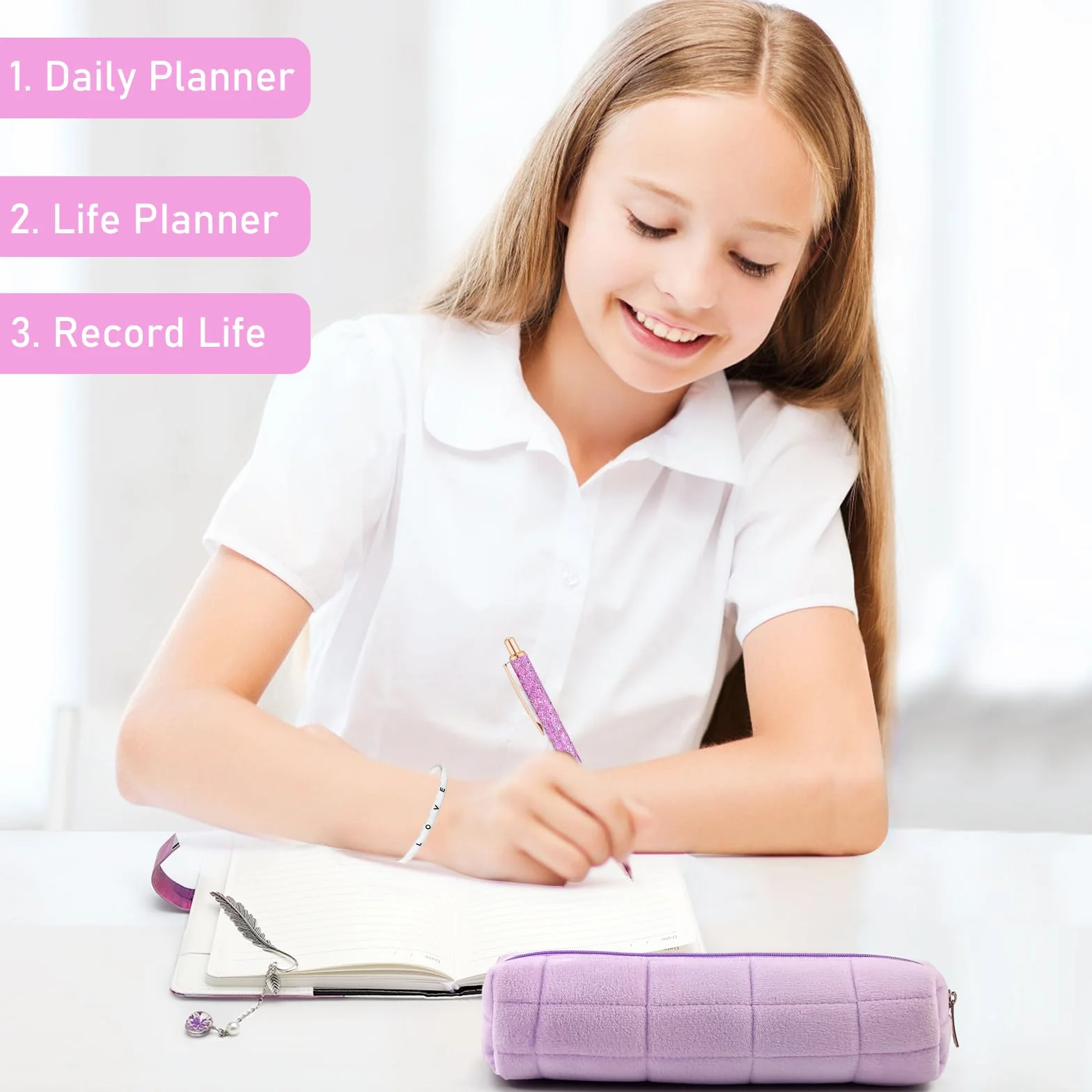 TNSLAND Juego de Papelería Morado, Agenda con Cierre Regalo de Entrada con Marcapáginas Caja de Papelería Bolígrafo Pulsera, Regalos para Niñas de 7 8 9 10 11 12 13 14 Años