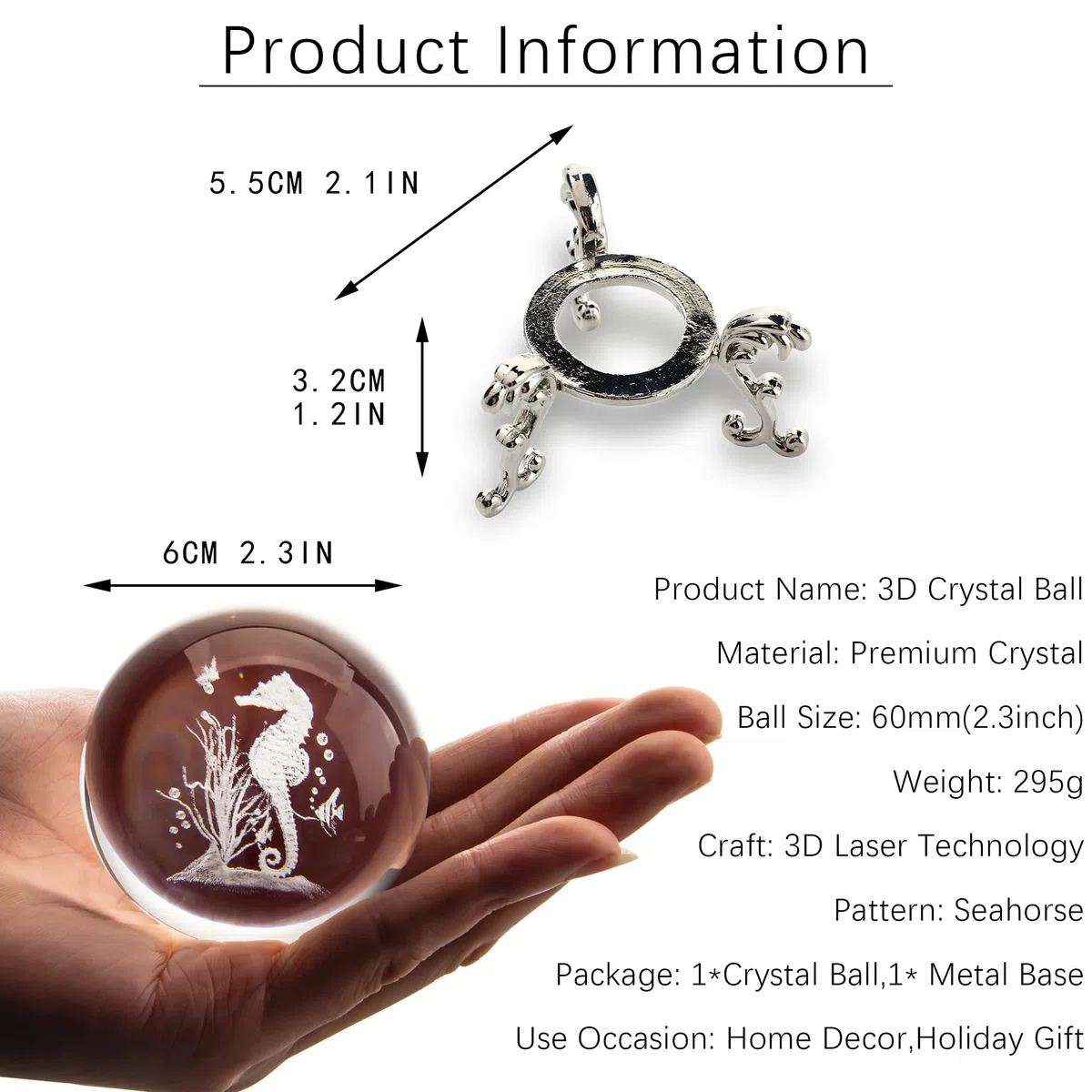 HDCRYSTALGIFTS Bolas decorativas de cristal 3D de 60 mm con grabado láser en 3D de caballito de mar, pisapapeles de esfera completa de vidrio Feng Shui con soporte de floración chapado en plata