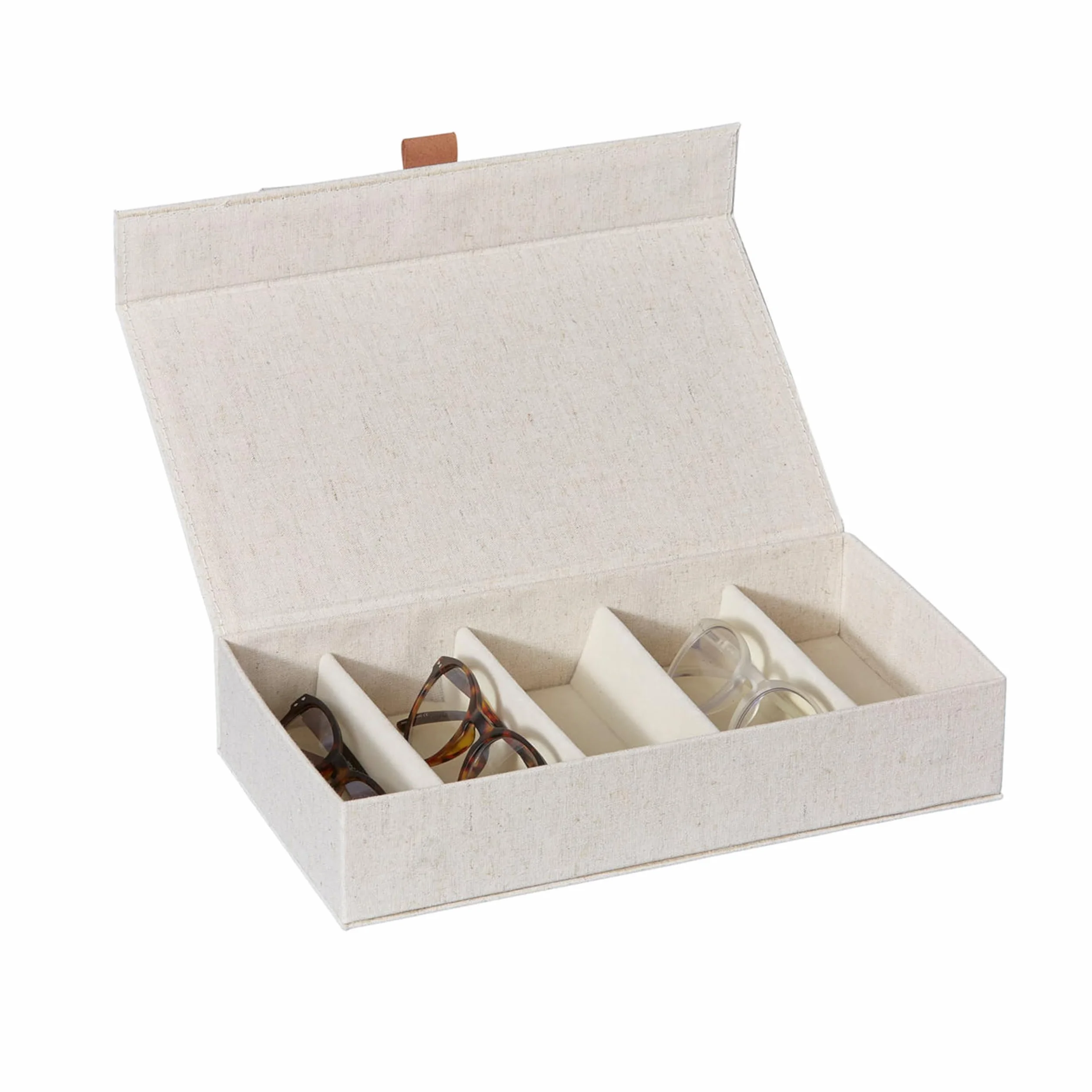 LOVE IT STORE IT Premium - Caja de almacenamiento para gafas, mezcla de lino y algodón, terciopelo interior, madera reforzada con 5 compartimentos, beige, 30 x 17 x 6 cm