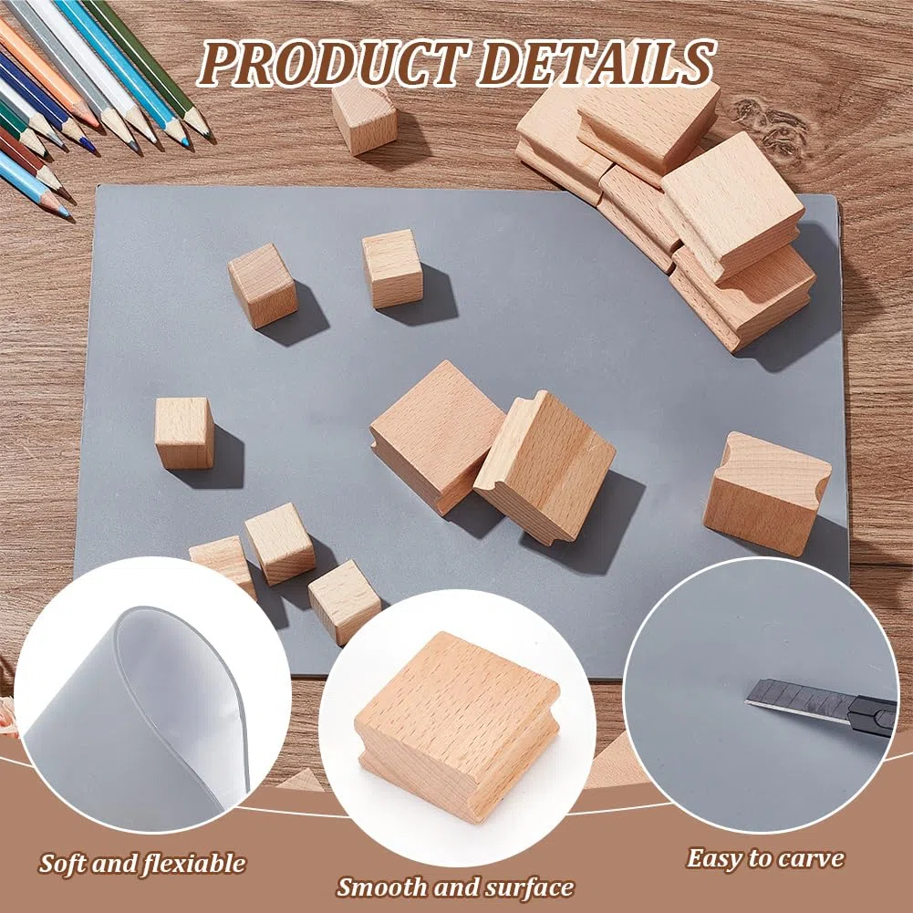 BENECREAT 20 Juego de Sellos de Goma Soportes de Sellos de Madera Dura En Blanco con Hoja de Sello de Goma Gris 2 Tamaños Bloque de Sellos de Grabado Láser Accesorios para Manualidades,2cm/4cm
