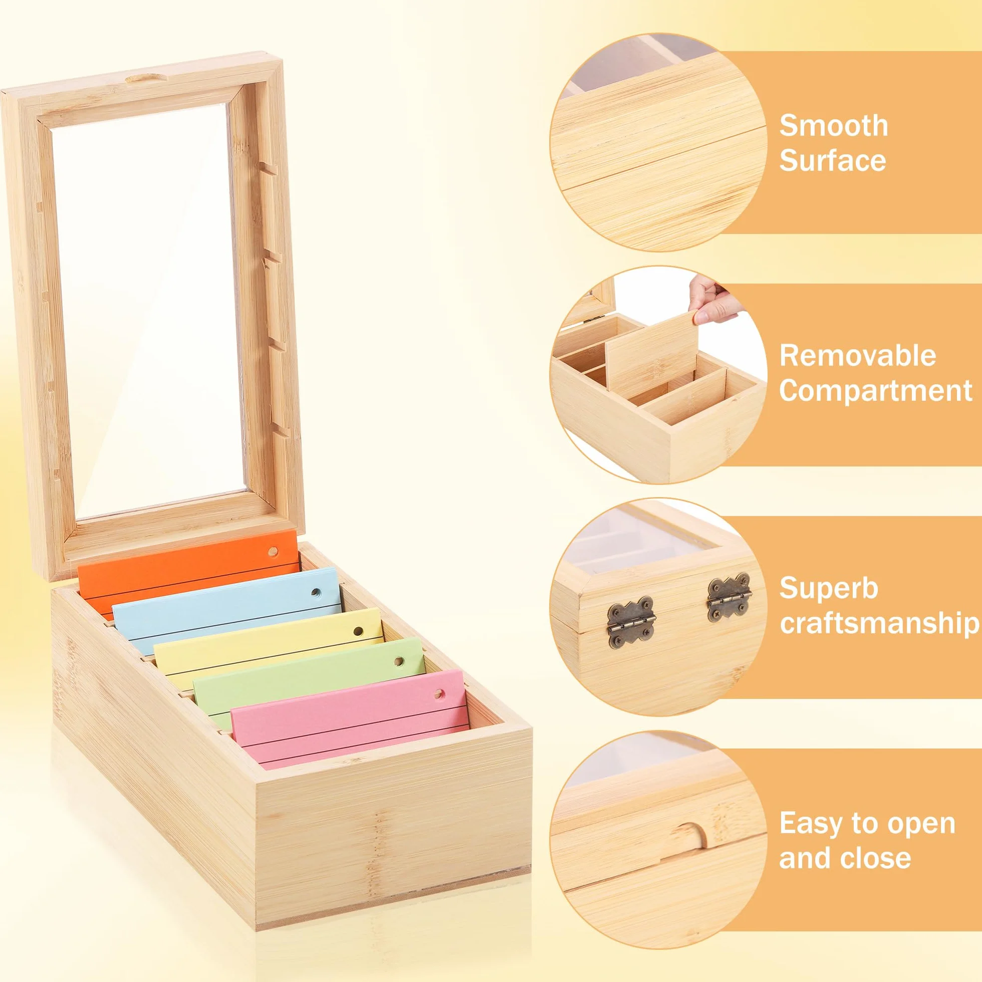 Organizador de Tarjetas de Madera con 5 Compartimentos y Tapa Transparente - Caja para Fichas A8 Extraíble (22x13x9 cm) para Oficina, Escuela, Hogar