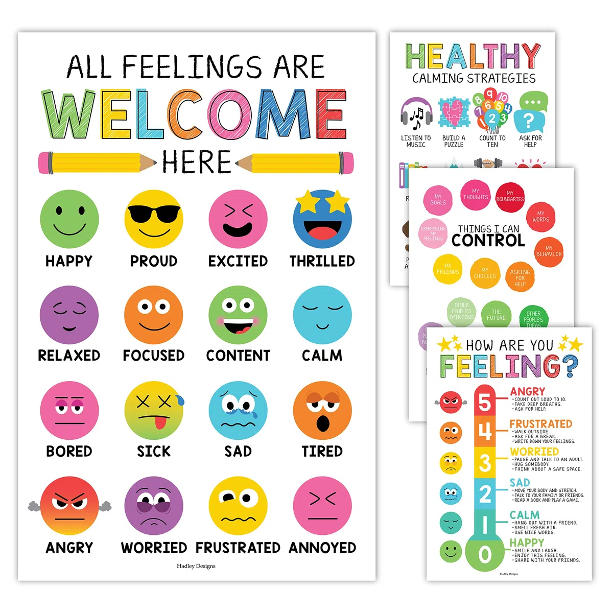 Hadley Designs Tabla de sentimientos para niños de 4 a 8 años, tabla de emociones para niños de 3 a 5 años, carteles de sentimientos de asesoramiento para el aula, carteles de aprendizaje
