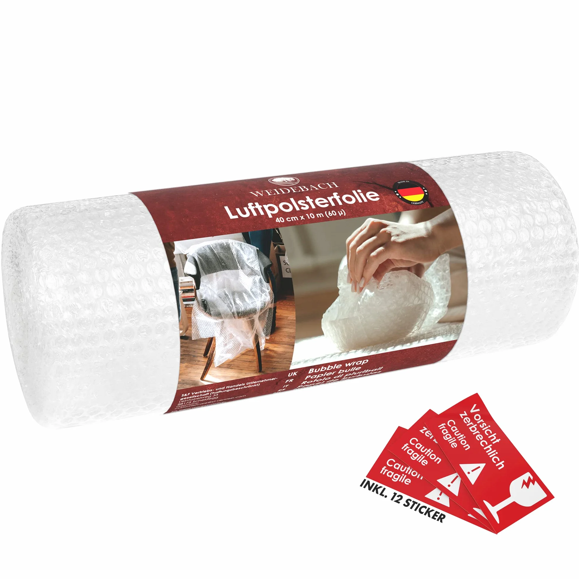 WEIDEBACH® Rollo de burbuja de 2 capas, 10m. x 40 cm. de burbuja de embalaje para una máxima protección del transporte, rollo de burbuja resistente al desgarro, 0,005 cm. de grosor.