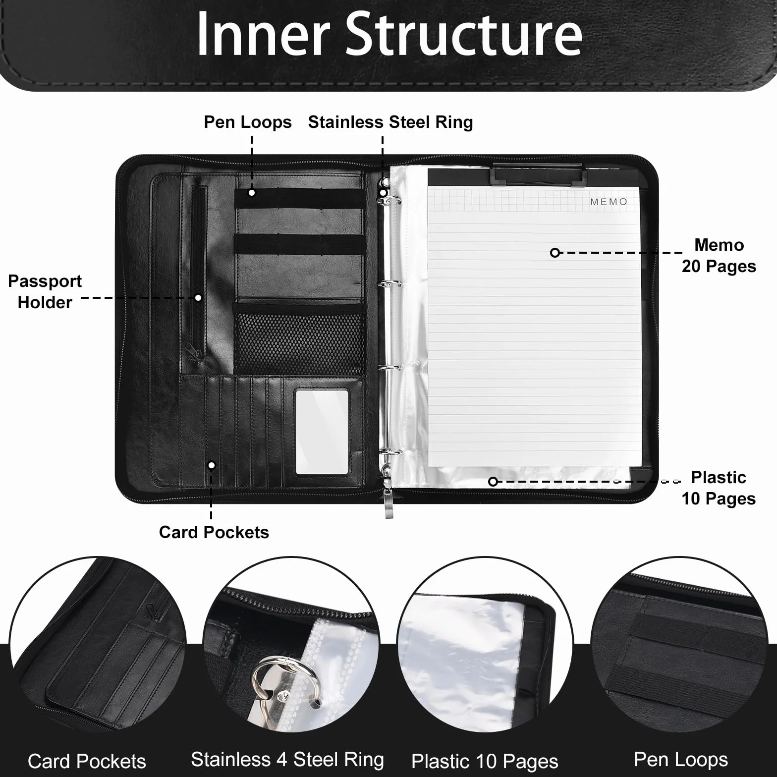 Carpeta Portadocumentos A4,Carpeta de Conferencias Zipper Cuero,Carpeta de Padfolio,Portafolio Grande con Cremallera,Carpeta A4 Premium con Doble Cremallera y Compartimento