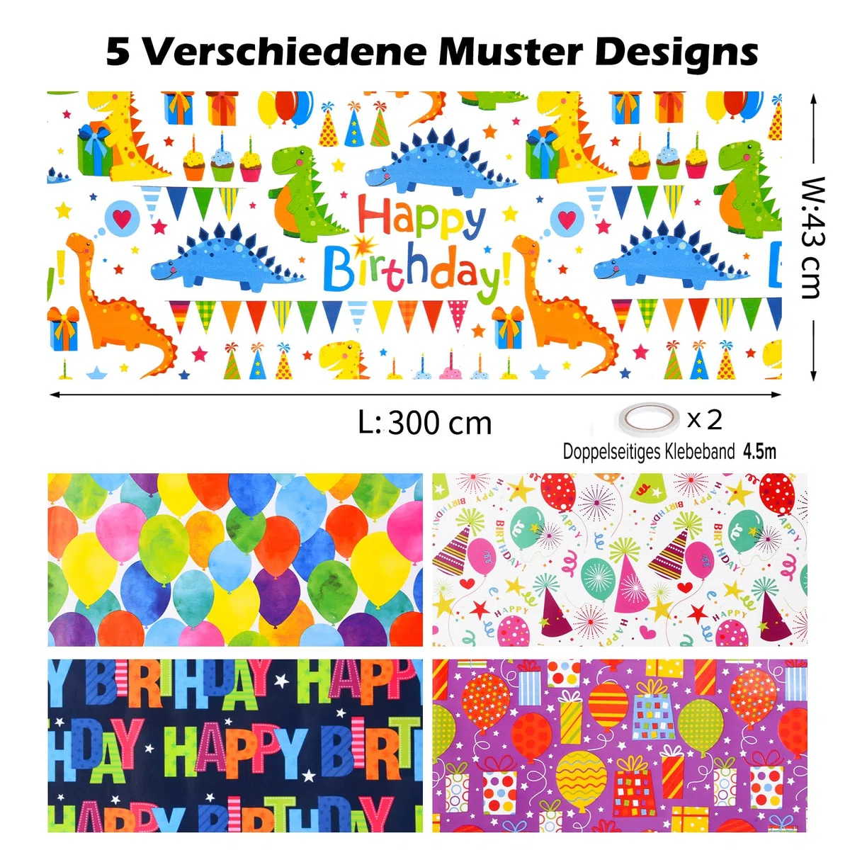 CHEPULA Papel de Regalo Cumpleaños 5 Rollos, 43 cm x 300 cm Papel Regalo para Niños Adultos, Reciclable Gift Wrapping Paper para Todas las Ocasiones de Cumpleaños