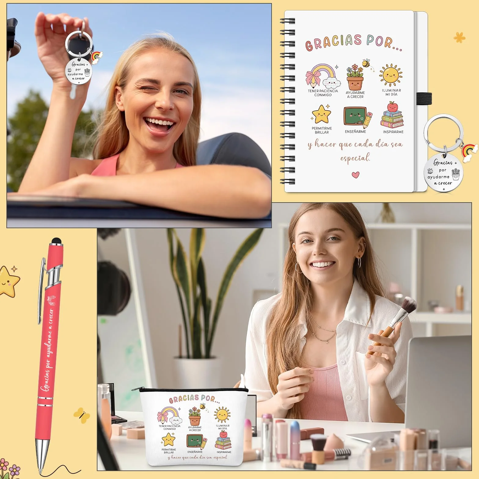 BBTO 4 Piezas Regalos para Profesores Maestra Llavero Bolígrafo Bolsa de Maquillaje Cuaderno Arcoíris Día del Maestro