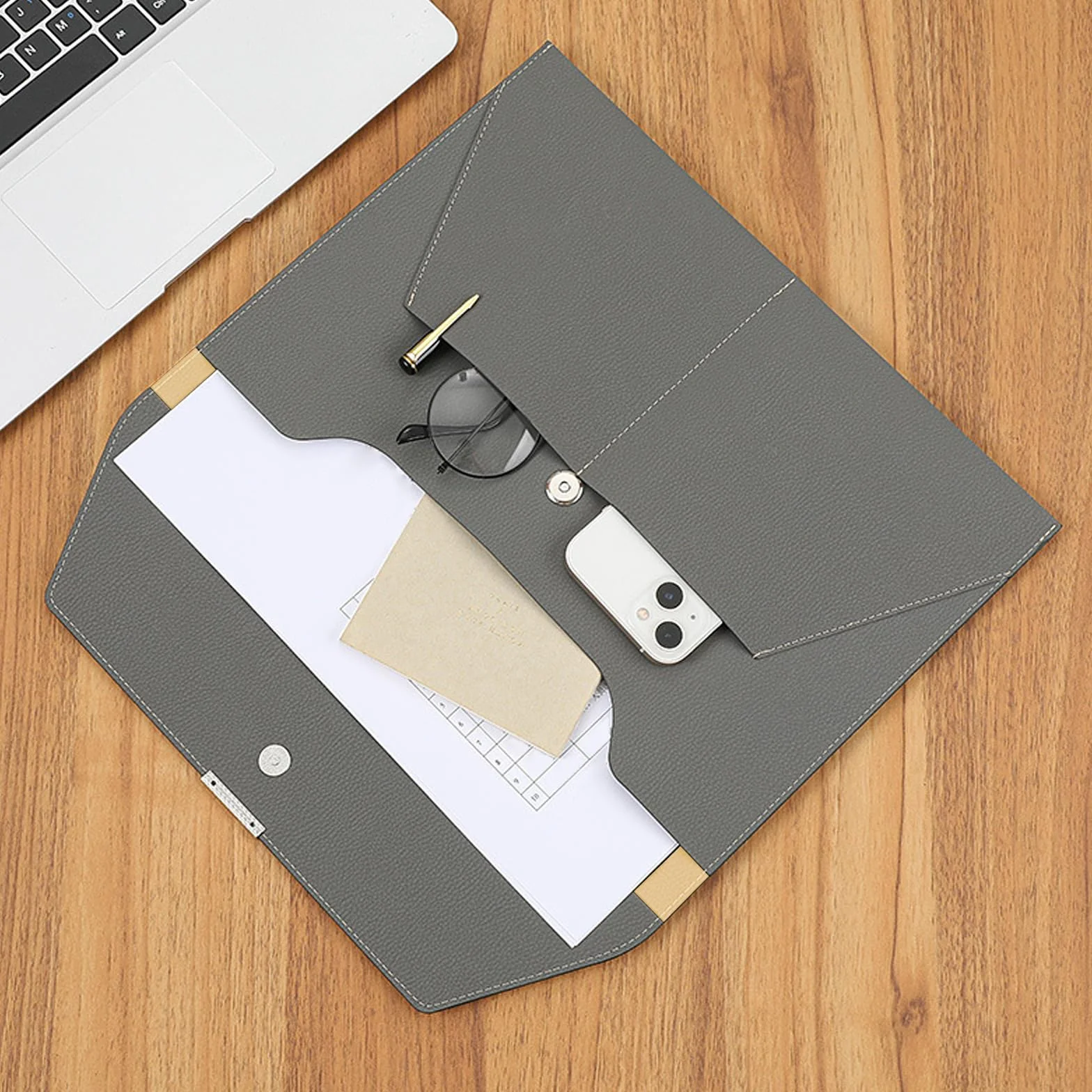 VANRA Carpeta de archivos, organizador de documentos, impermeable, carpeta de cuero con 3 bolsillos, sobres de archivo para papel tamaño carta A4 con cierre de botón magnético a presión (gris)