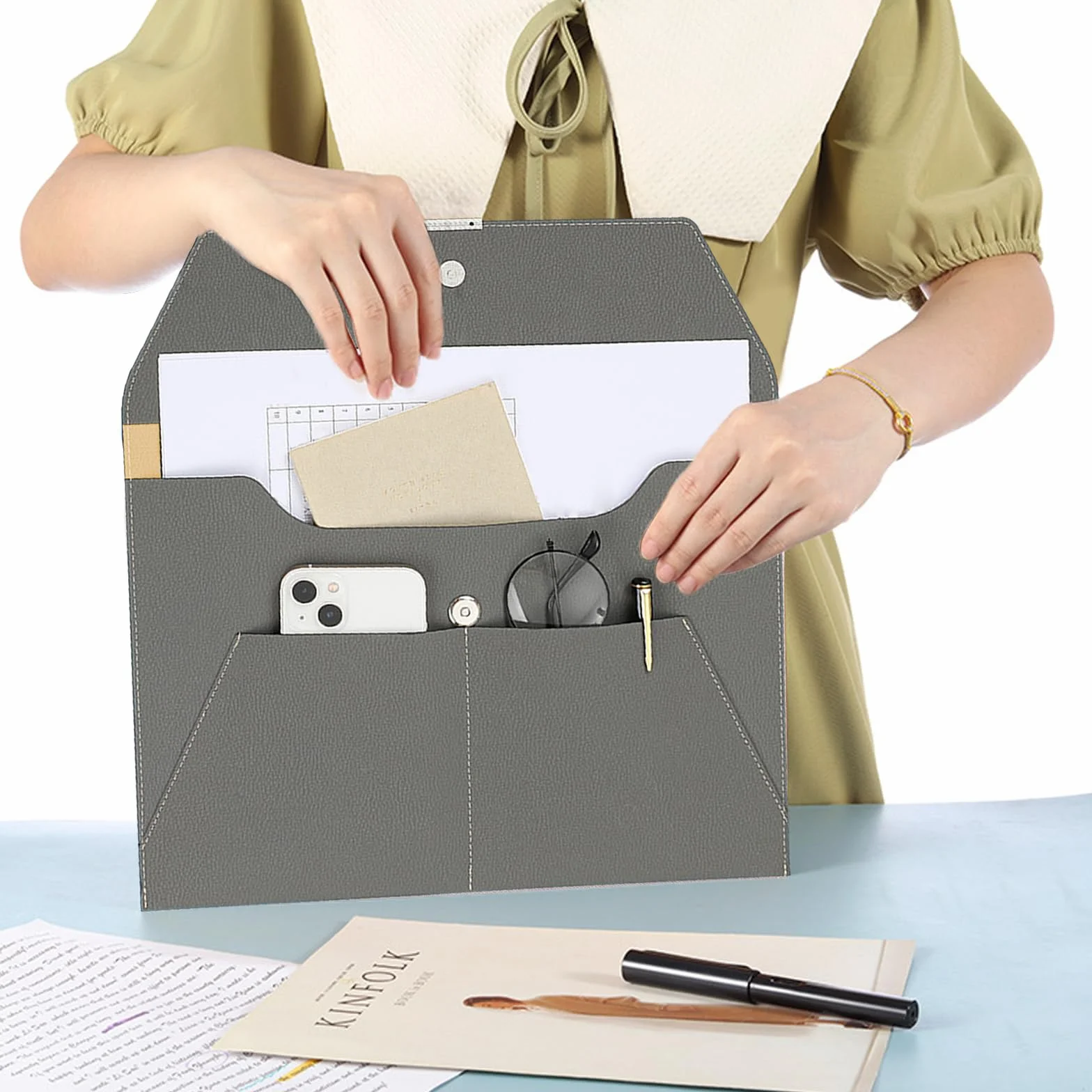 VANRA Carpeta de archivos, organizador de documentos, impermeable, carpeta de cuero con 3 bolsillos, sobres de archivo para papel tamaño carta A4 con cierre de botón magnético a presión (gris)