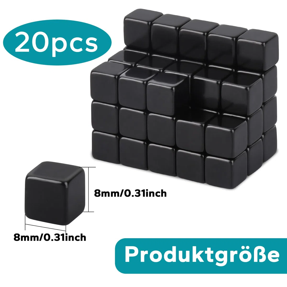 MIN CI 20 Imanes para Pizarra Magnética, 8 x 8 x 8 mm, Fuertes y Pequeños de Neodimio Negro, para Nevera