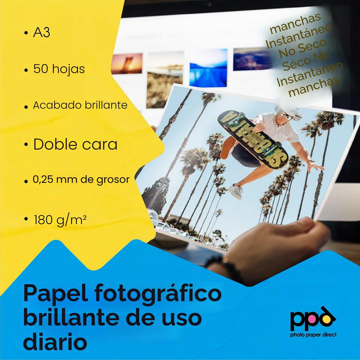 PPD 50 Láminas de Papel Fotográfico A3 para Inyección de Tinta de Doble Cara Brillante/Brillante (180 g/m2) PPD-106