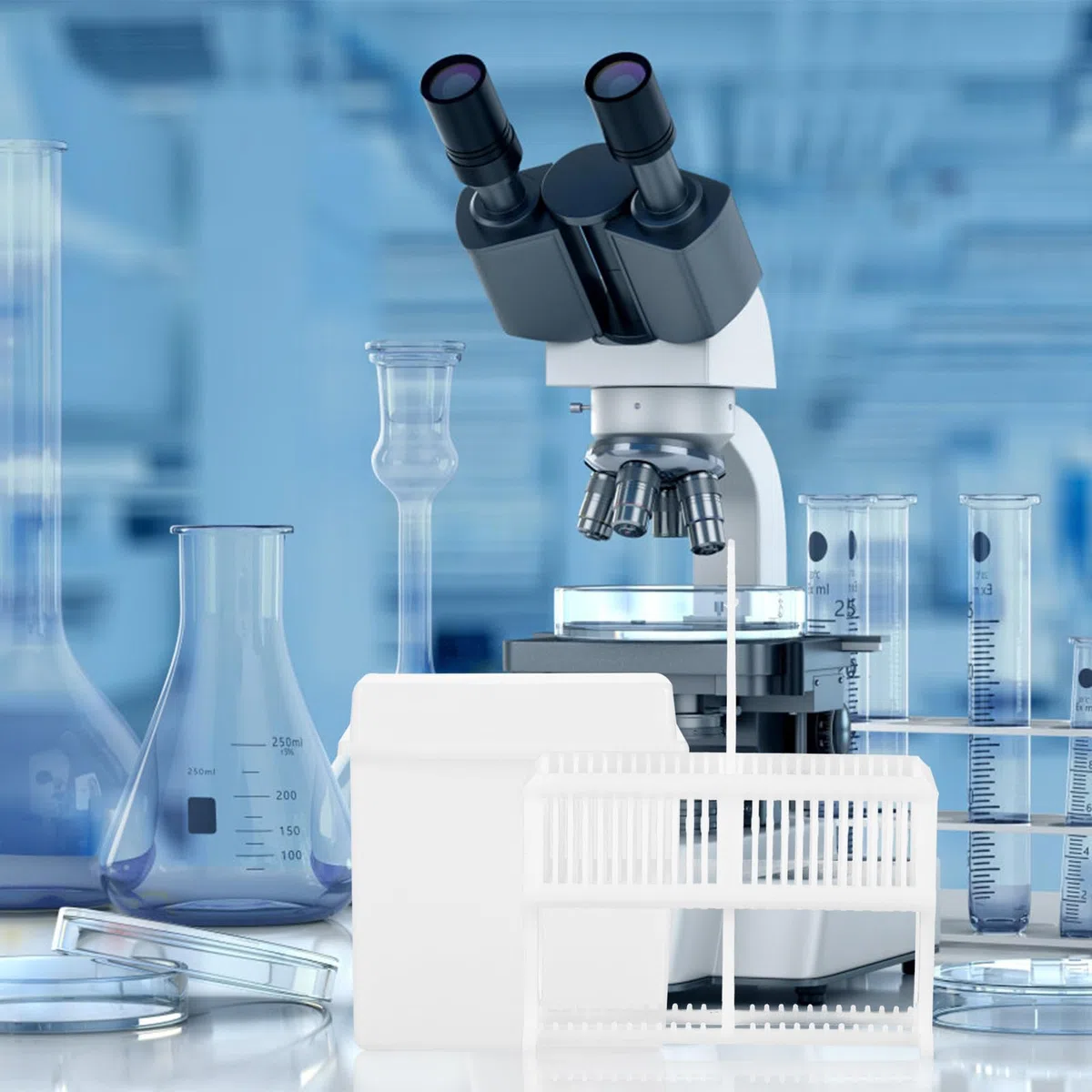 Juego de tarros de tinción para microscopio con diseño de ranuras para uso en laboratorio, material plástico blanco, resistente y no se daña fácilmente, incluye recipiente y estante para uso