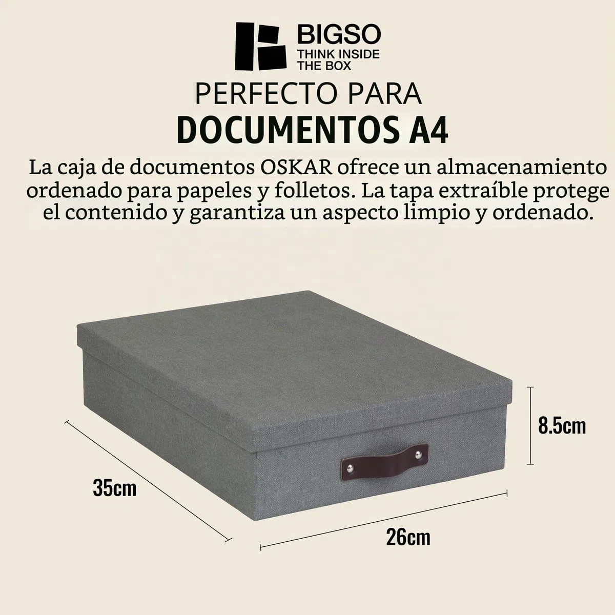 Bigso Box of Sweden Caja de almacenaje con tapa para folios A4, folletos, etc. – Organizador de documentos con asa – Organizador de escritorio de tablero de fibras y papel con aspecto de lino – gris