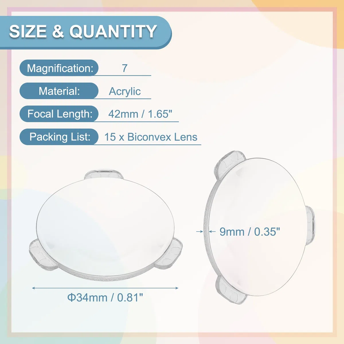PATIKIL 15 Piezas Lente Biconvexa, 34mm Diá. 42mm Distancia Focal Lentes Ópticos Asféricos Lupa Pisapapeles Acrílico Doble Convexo Para DIY Oficina Hogar Experimento Ciencia Telescopio