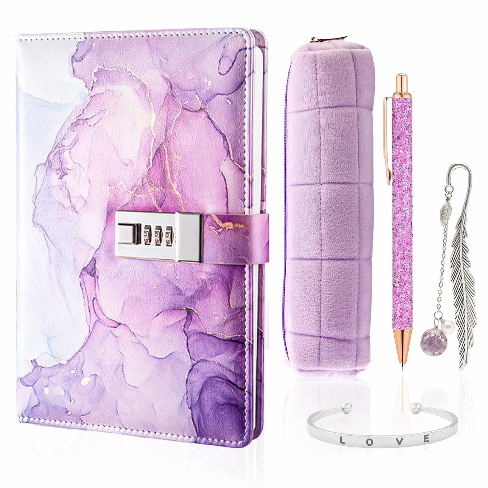 TNSLAND Juego de Papelería Morado, Agenda con Cierre Regalo de Entrada con Marcapáginas Caja de Papelería Bolígrafo Pulsera, Regalos para Niñas de 7 8 9 10 11 12 13 14 Años