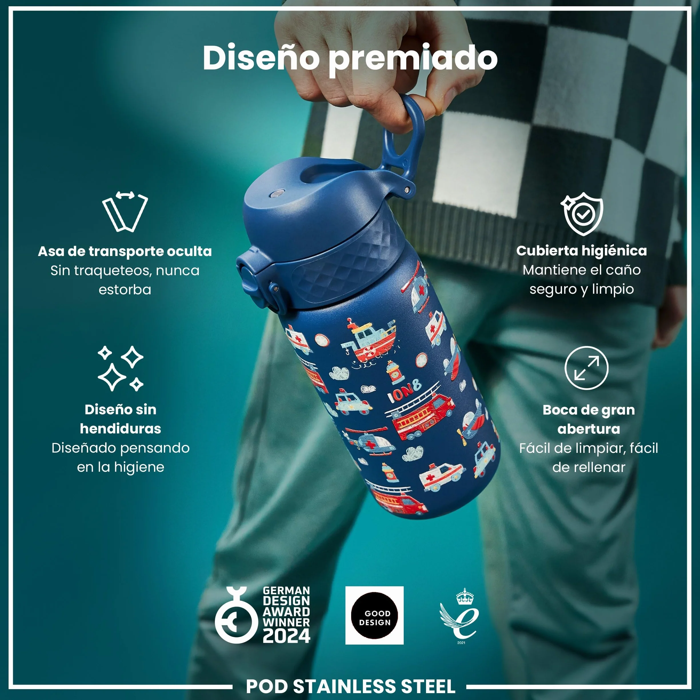 ion8 Botella de Agua, a Prueba de Fugas, Apta para Lavavajillas, Libre de BPA, Tapa Abatible